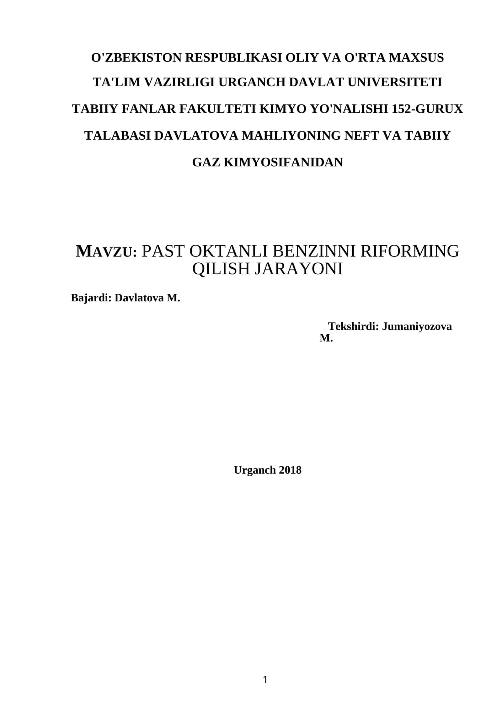 PAST OKTANLI BENZINNI RIFORMING QILISH JARAYONI 1