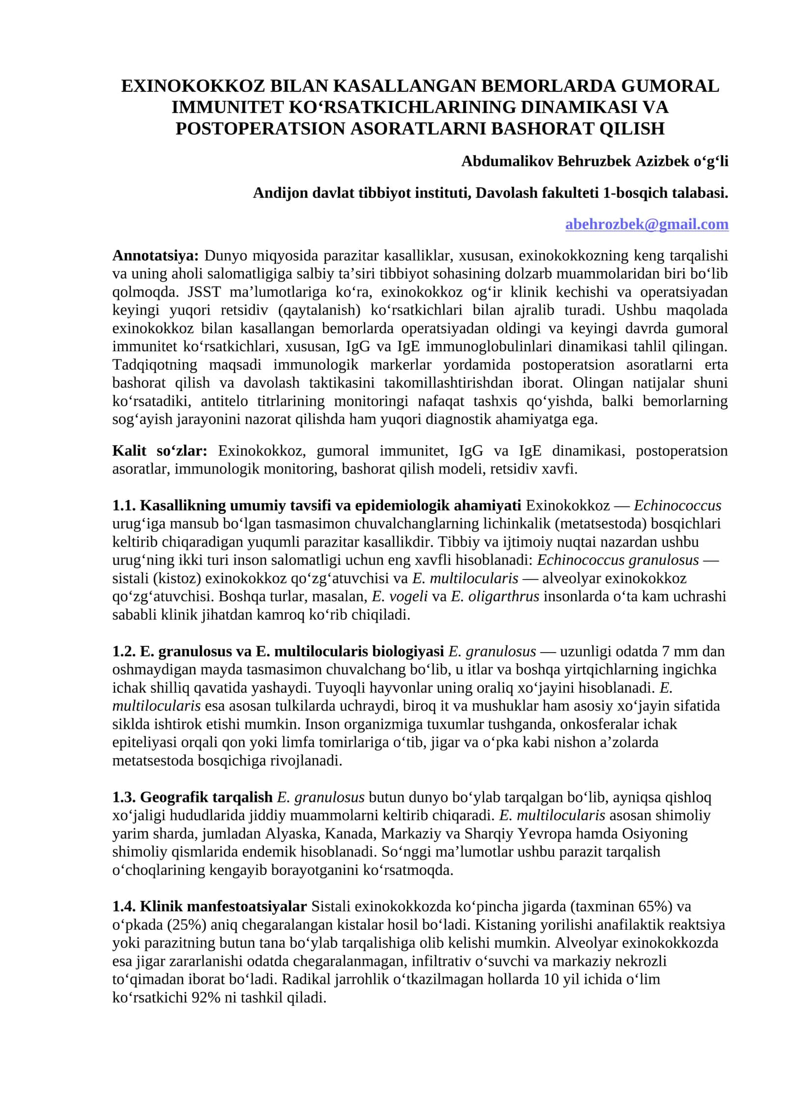 EXINOKOKKOZ BILAN KASALLANGAN BEMORLARDA GUMORAL IMMUNITET KO‘RSATKICHLARINING DINAMIKASI VA POSTOPERATSION ASORATLARNI BASHORAT QILISH 1