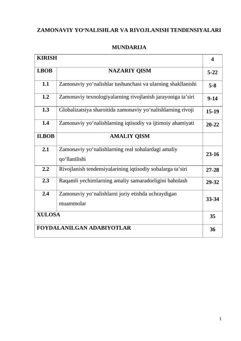 ZAMONAVIY YOʻNALISHLAR VA RIVOJLANISH TENDENSIYALARI 1