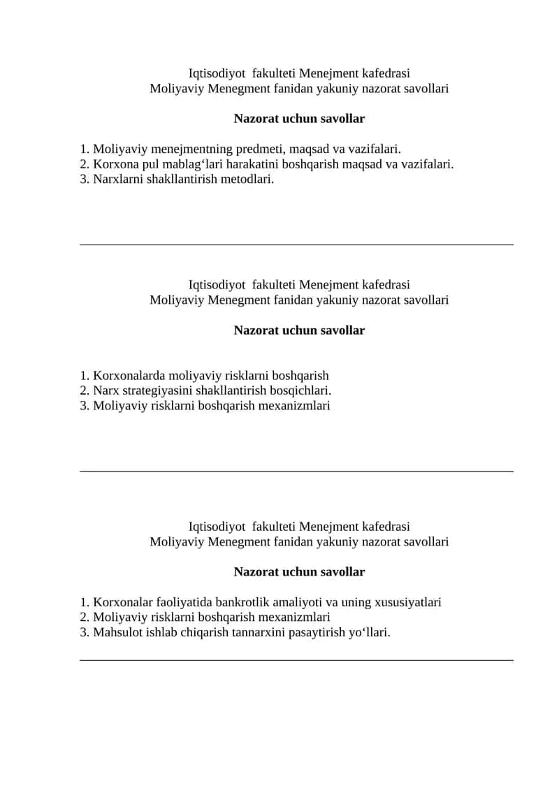 Moliyaviy Menegment fanidan yakuniy nazorat savollari 1