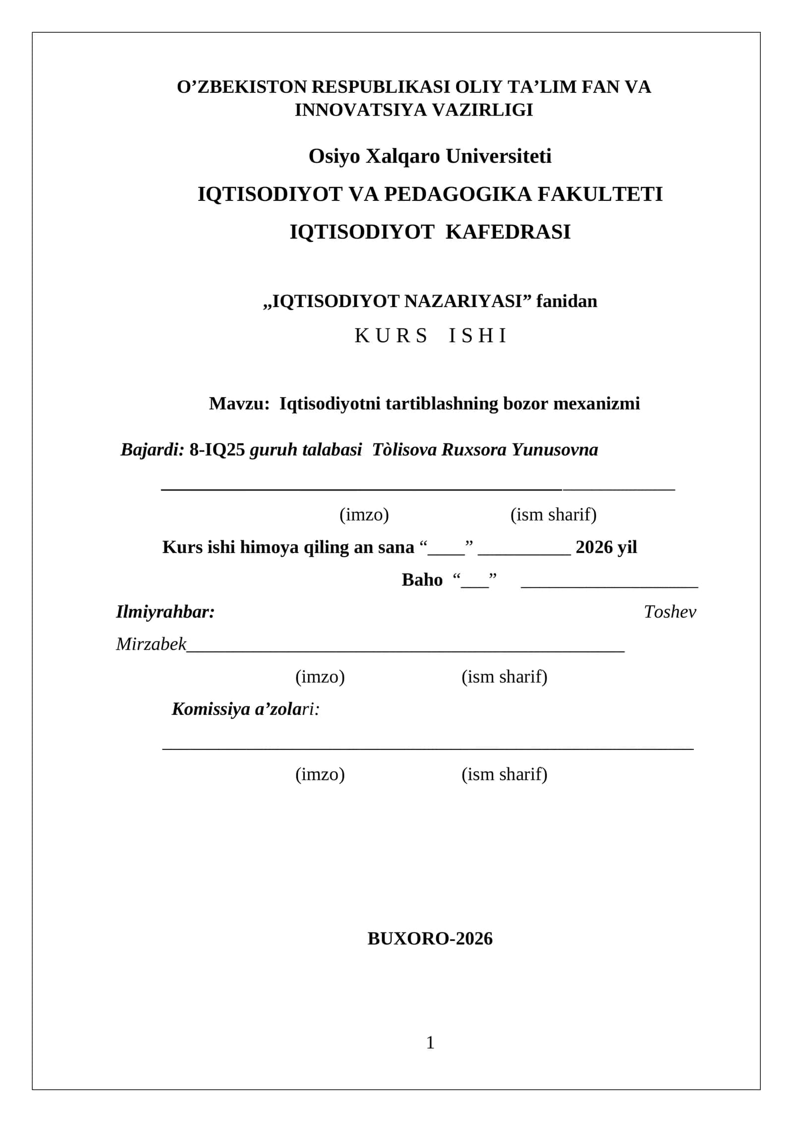 Iqtisodiyotni tartiblashning bozor mexanizmi 1