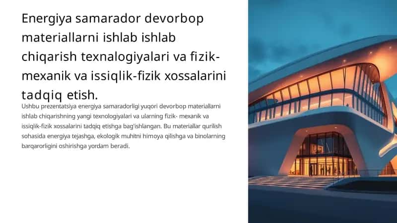 Energiya samarador devorbop materiallarni ishlab ishlab chiqarish texnalogiyalari va fizik-mexanik va issiqlik-fizik xossalarini tadqiq etish. 1