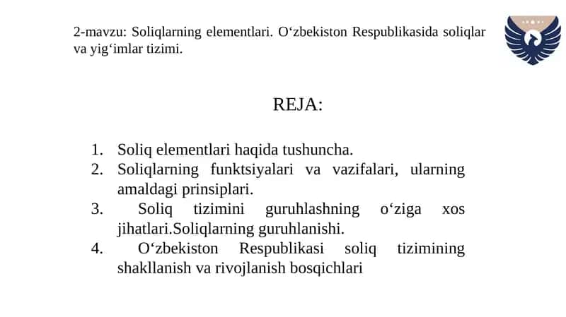 Soliqlarning elementlari. O‘zbekiston Respublikasida soliqlar va yig‘imlar tizimi. 1