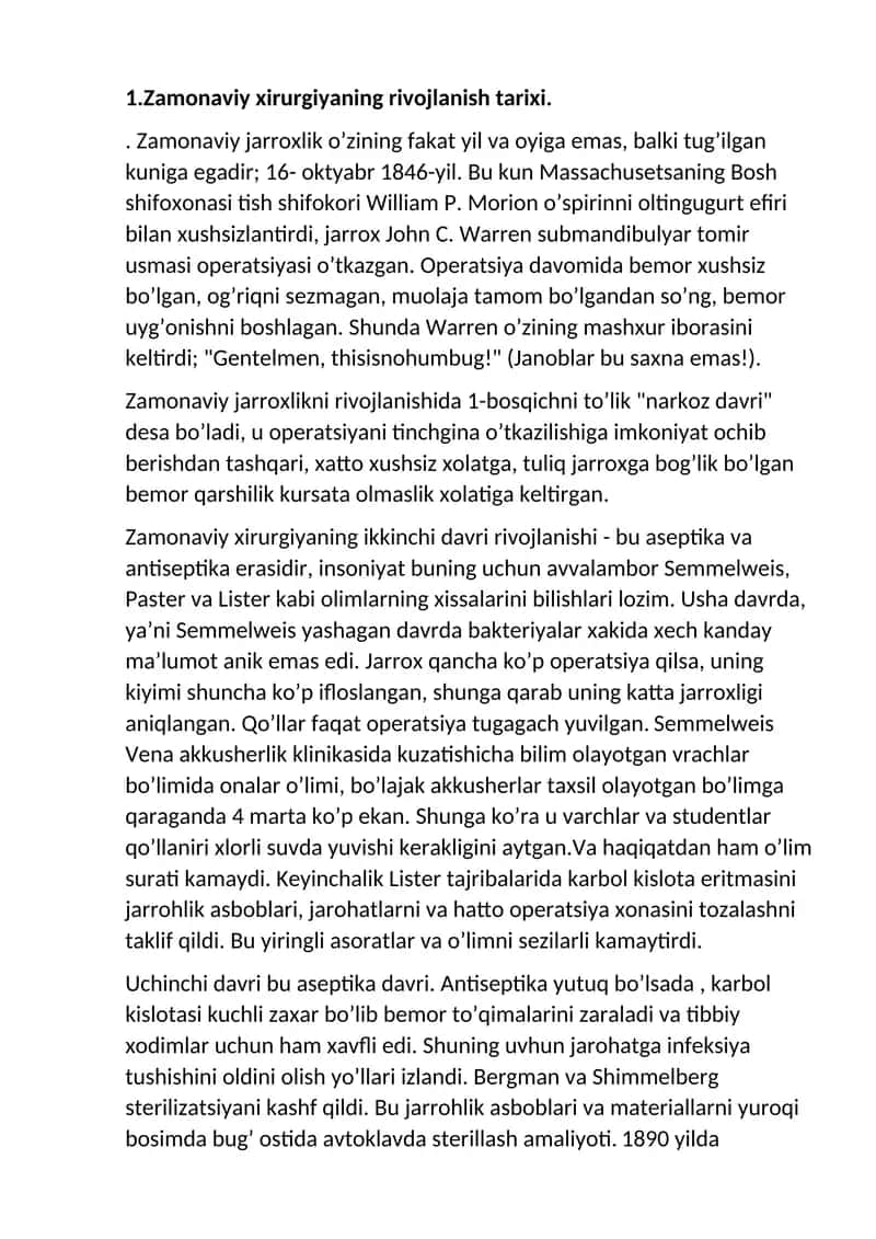 Zamonaviy xirurgiyaning rivojlanish tarixi 1