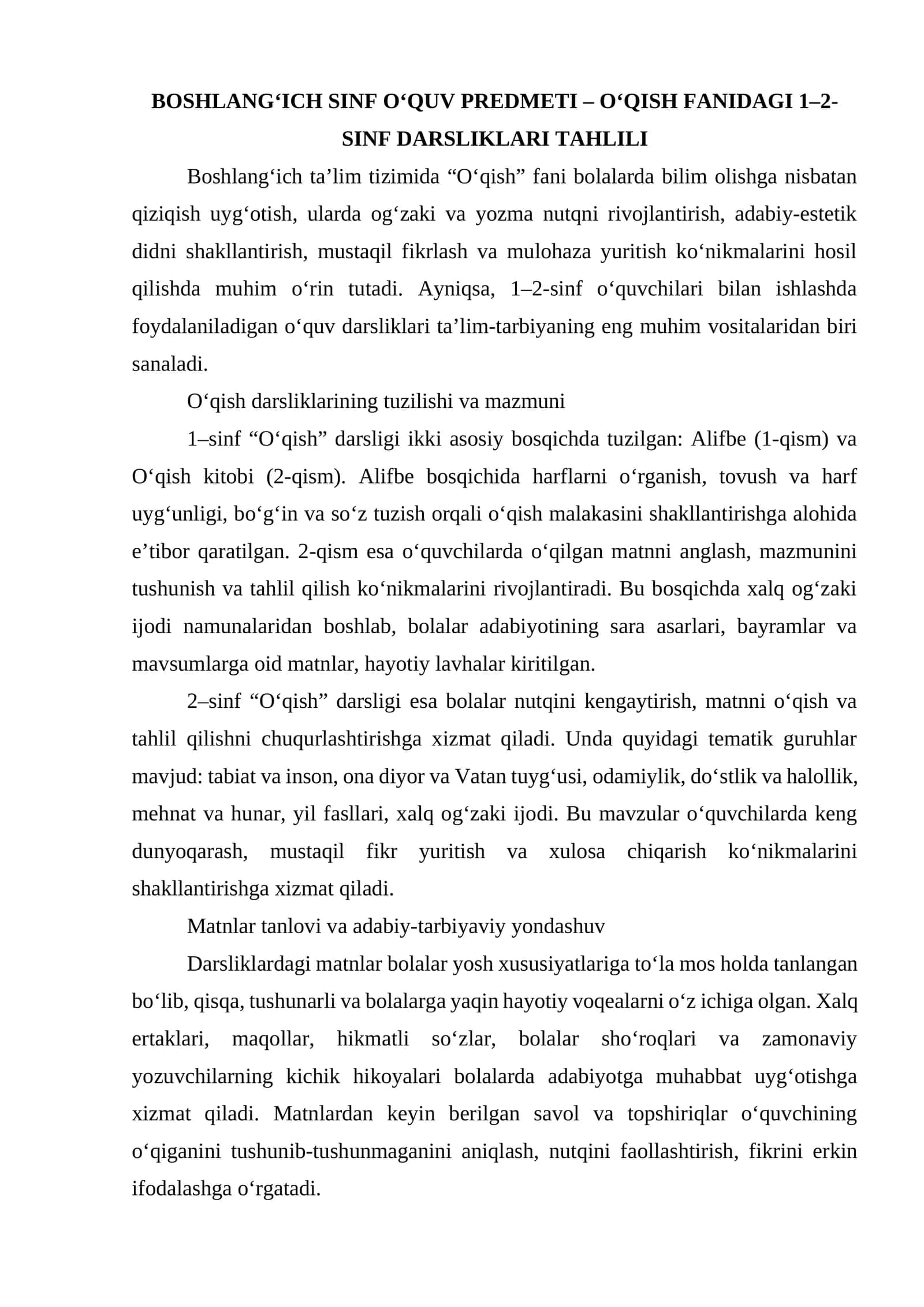 O‘QISH FANIDAGI 1–2-SINF DARSLIKLARI TAHLILI 1