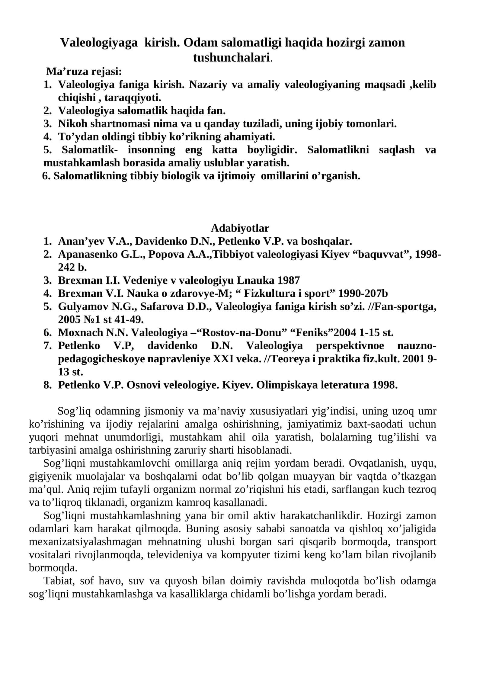 Valeologiyaga kirish. Odam salomatligi haqida hozirgi zamon tushunchalari 1