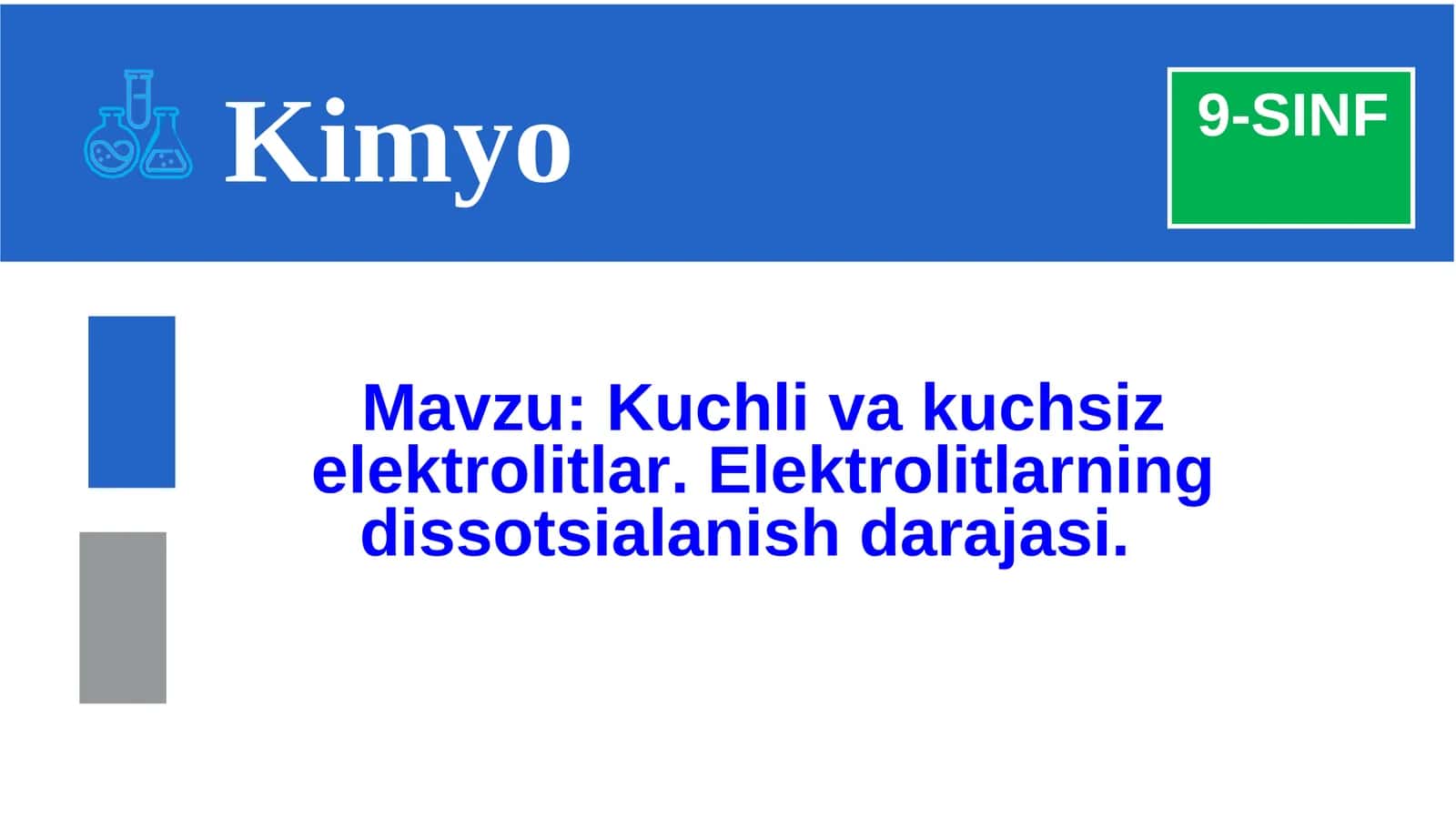 Kuchli va kuchsiz elektrolitlar. Elektrolitlarning dissotsialanish darajasi. 1