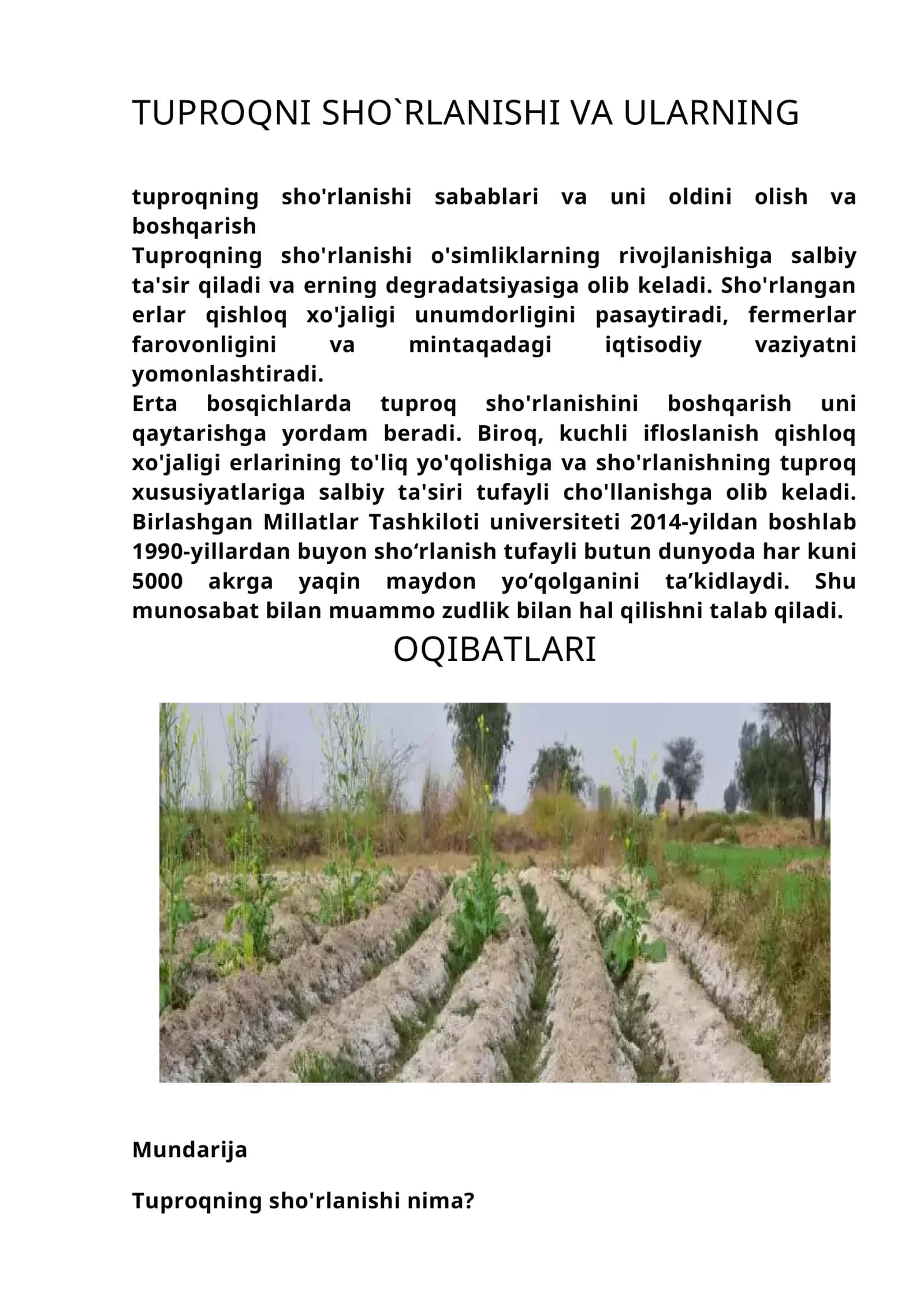 Tuproq sho'rlanishi va uni oldini olish va boshqarish 1