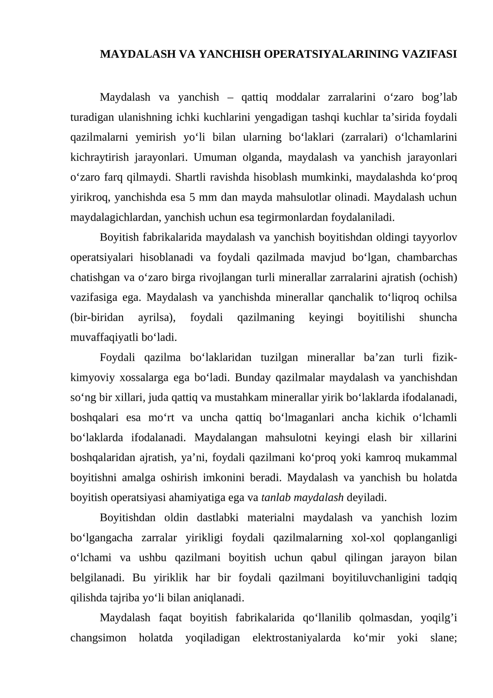 MAYDALASH VA YANCHISH OPERATSIYALARINING VAZIFASI 1