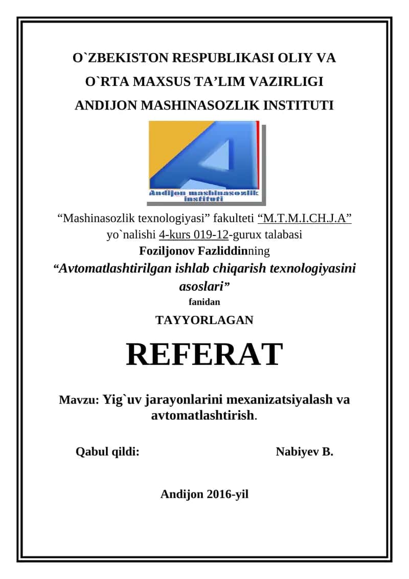 Avtomatlashtirilgan ishlab chiqarish tехnologiyasini asoslari 1