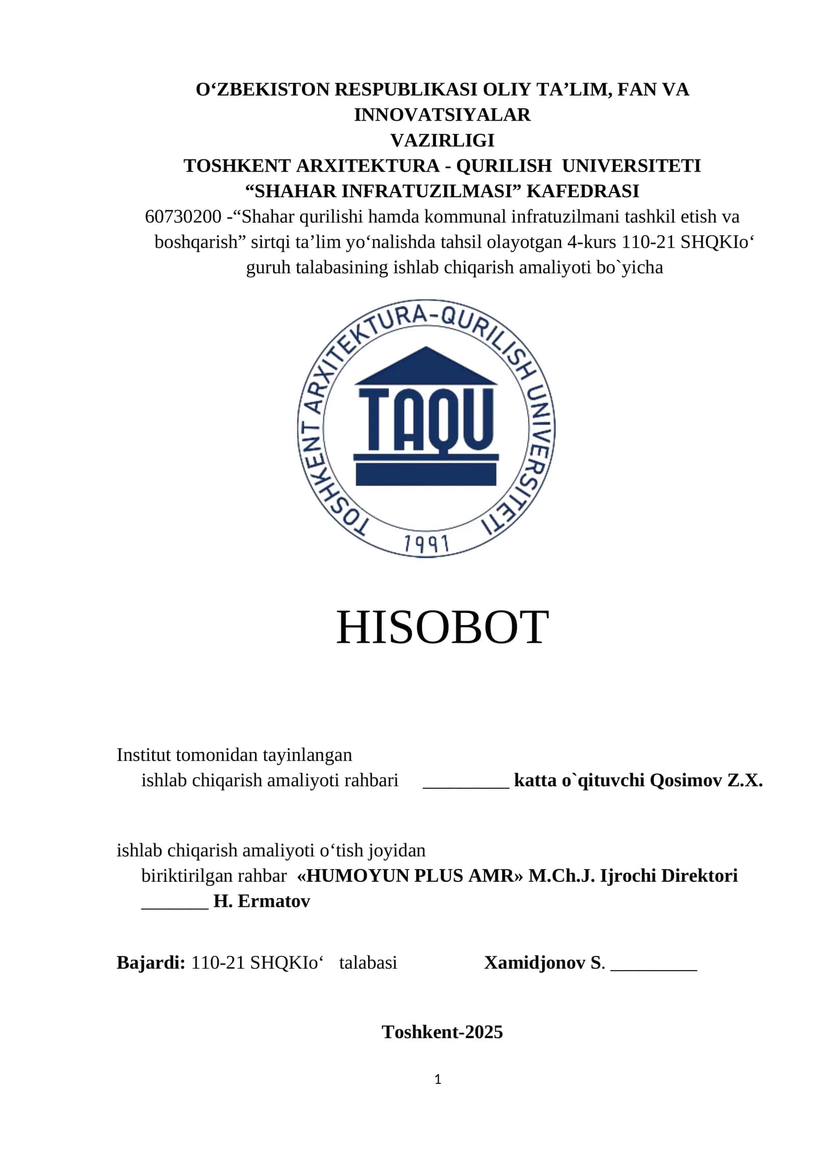 Shahar qurilishi hamda kommunal infratuzilmani tashkil etish va boshqarish mavzusida tayyor kurs ishi 1