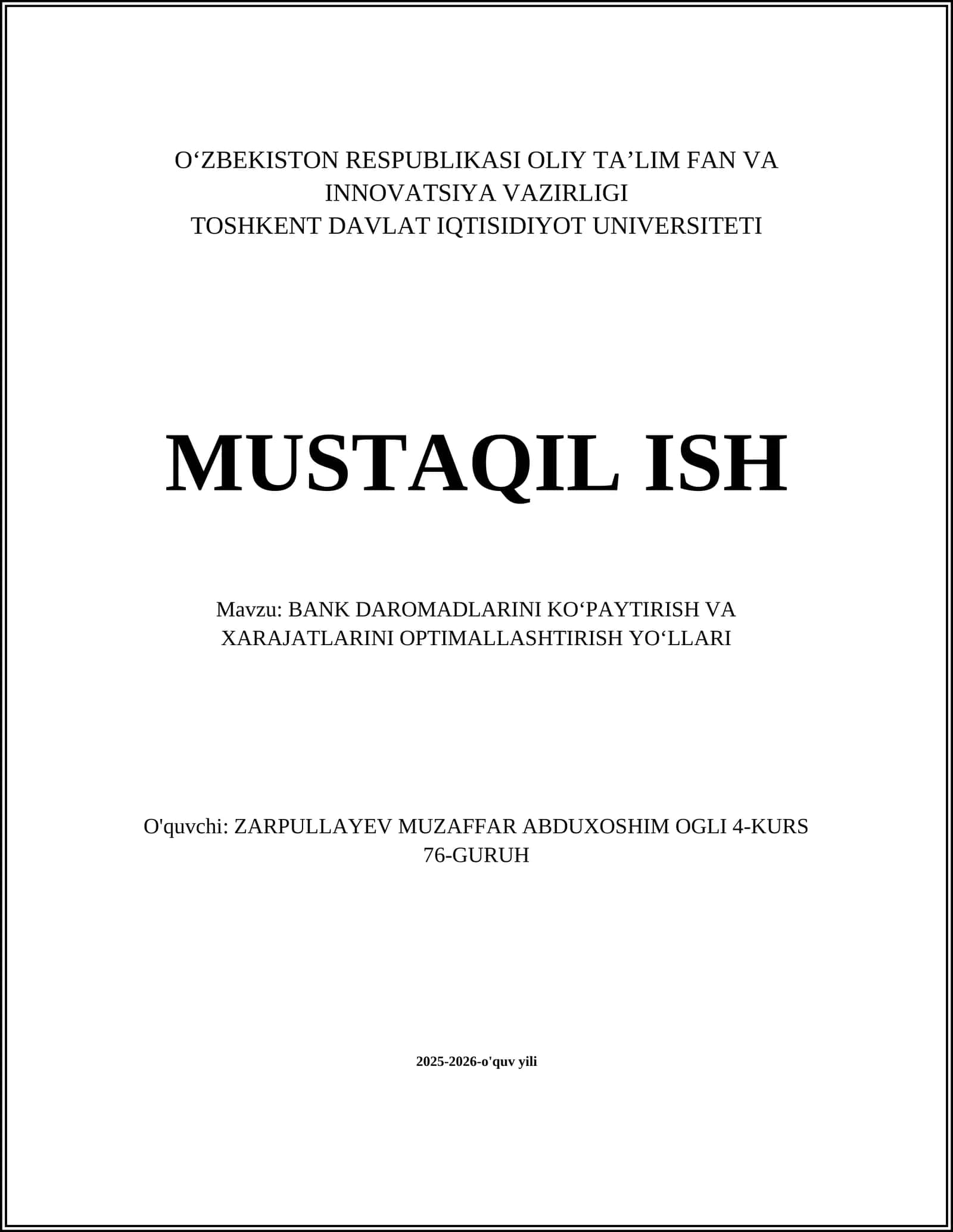 BANK DAROMADLARINI KOʻPAYTIRISH VA XARAJATLARINI OPTIMALLASHTIRISH YOʻLLARI 1