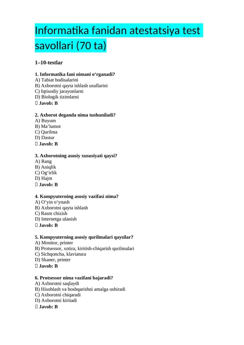 Informatika fanidan atestatsiya test savollari (70 ta) 1