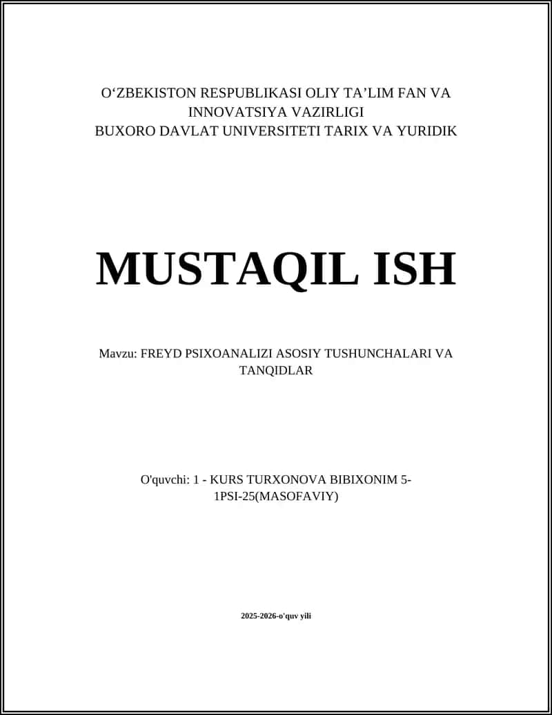 FREYD PSIXOANALIZI ASOSIY TUSHUNCHALARI VA TANQIDLAR 1