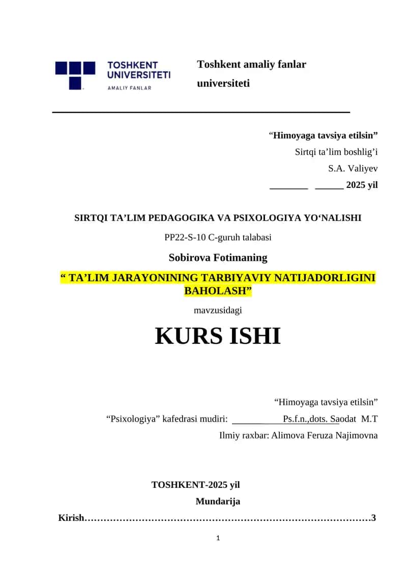 TAʼLIM JARAYONINING TARBIYAVIY NATIJADORLIGINI BAHOLASH. 1