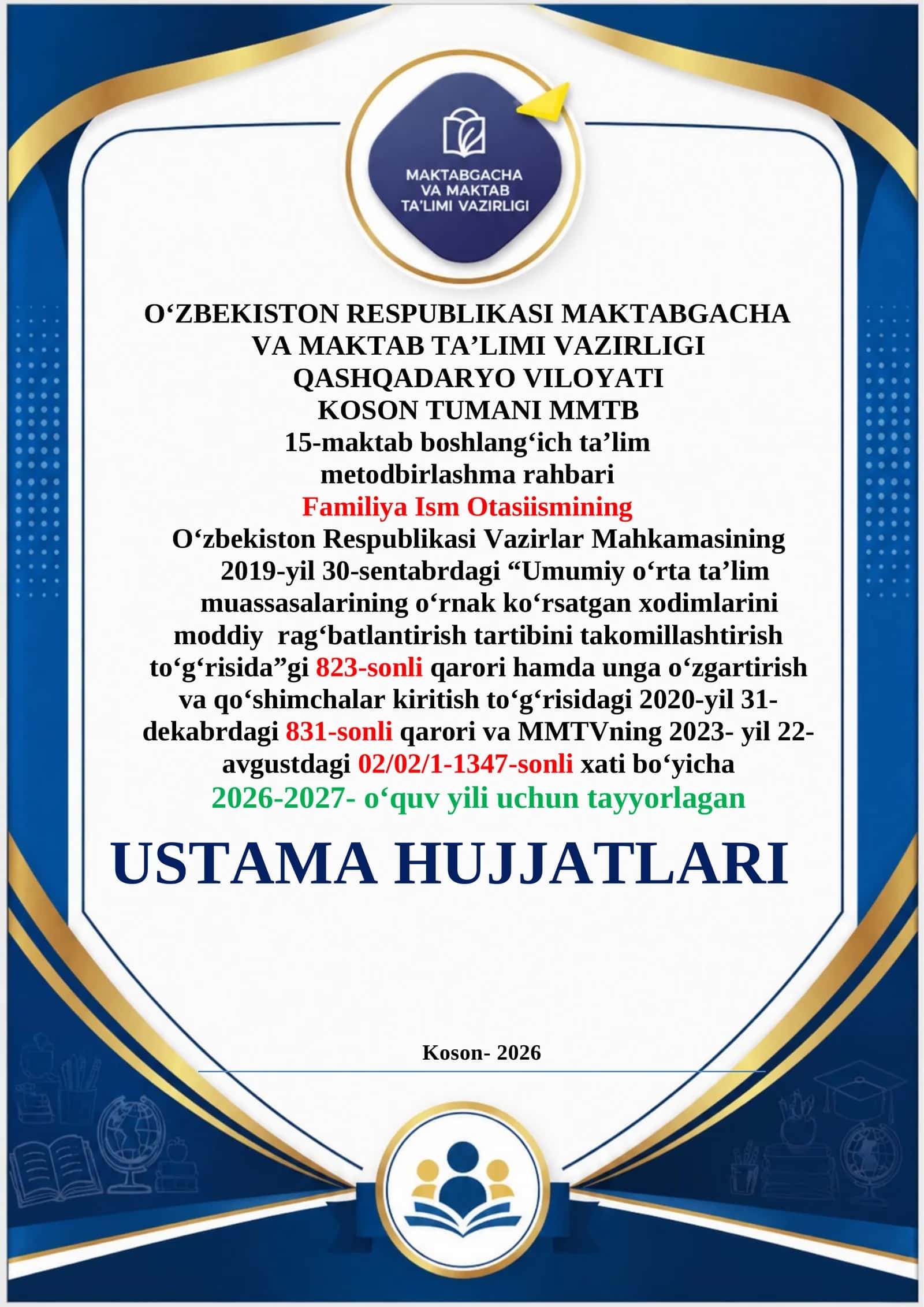 boshlang'ich sinflar metodbirlashma ustama hujjatlari 10% 2025-2026 1