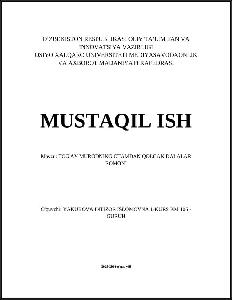 TOG'AY MURODNING OTAMDAN QOLGAN DALALAR ROMONI 1