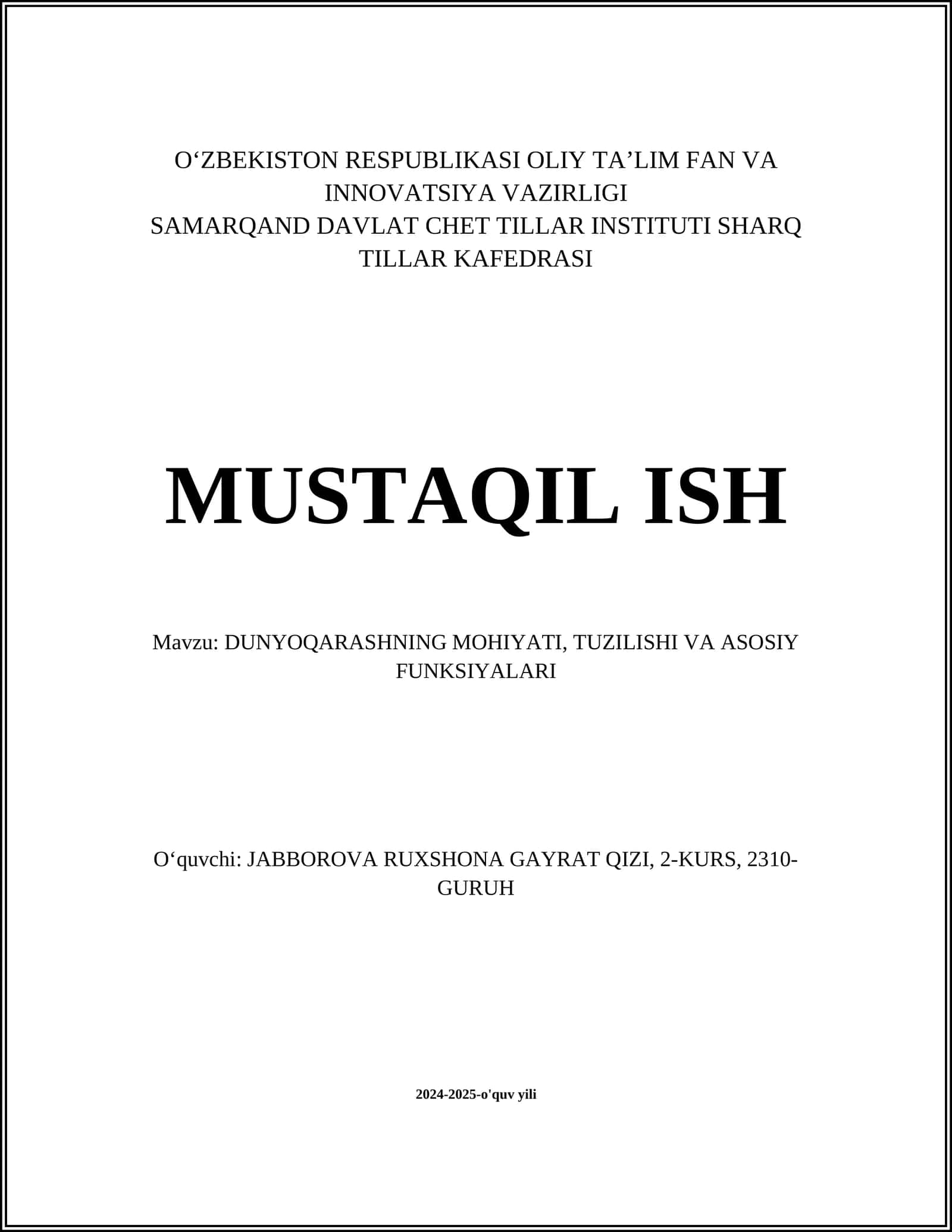 DUNYOQARASHNING MOHIYATI, TUZILISHI VA ASOSIY FUNKSIYALARI 1