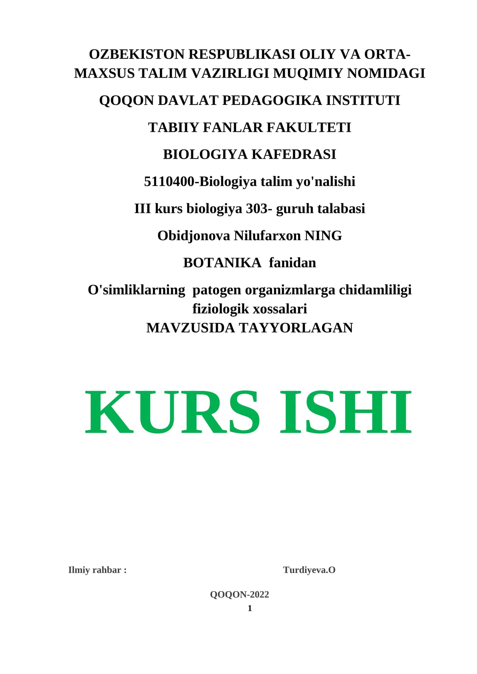 O'simliklarning patogen organizmlarga chidamliligi fiziologik xossalari 1