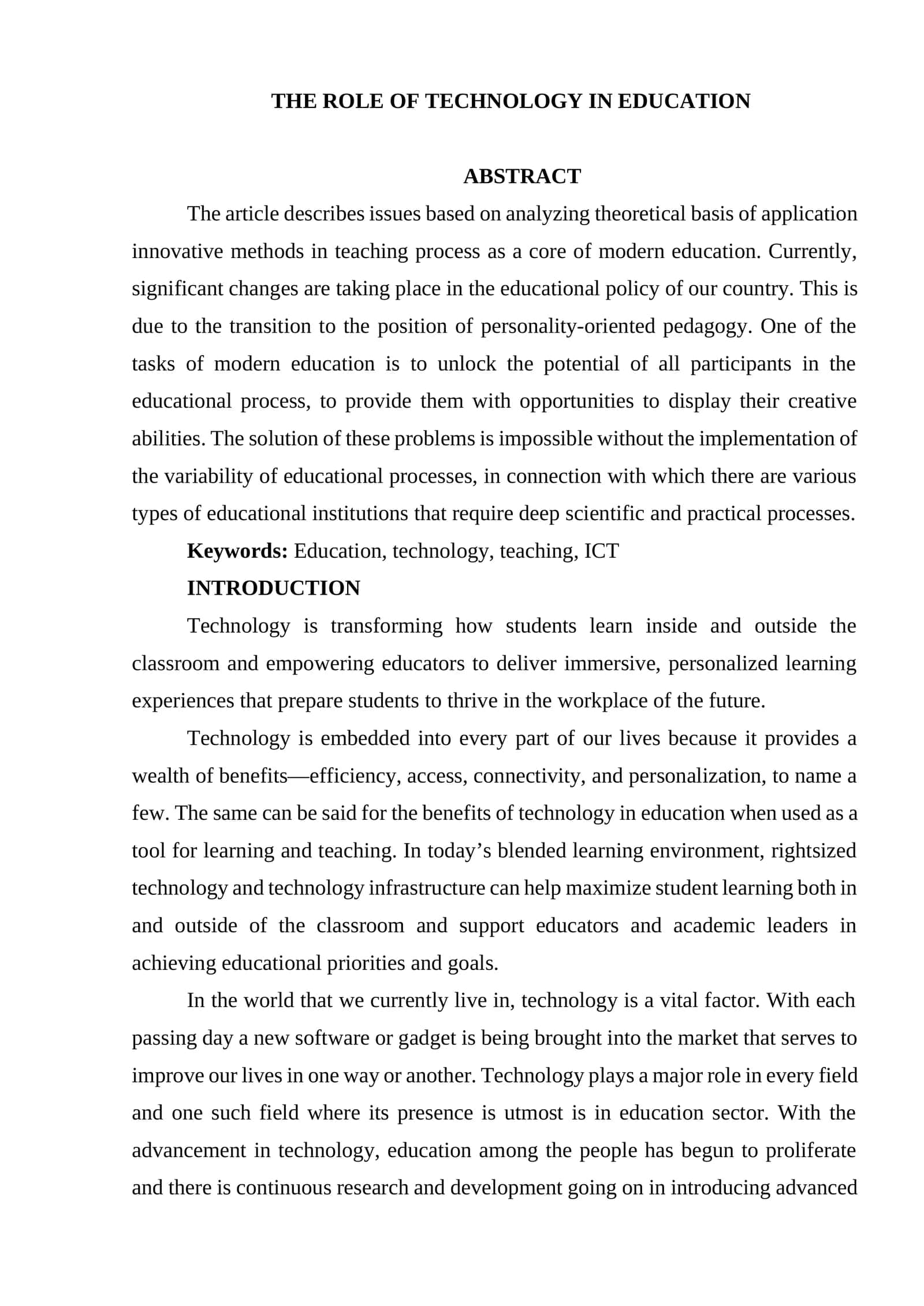 THE ROLE OF TECHNOLOGY IN EDUCATION 1