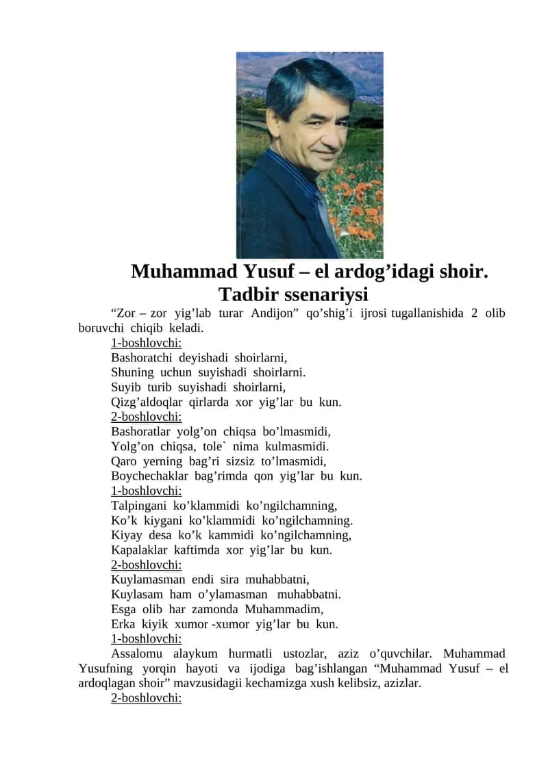 Muhammad Yusuf – el ardog’idagi shoir. Tadbir ssenariysi 1