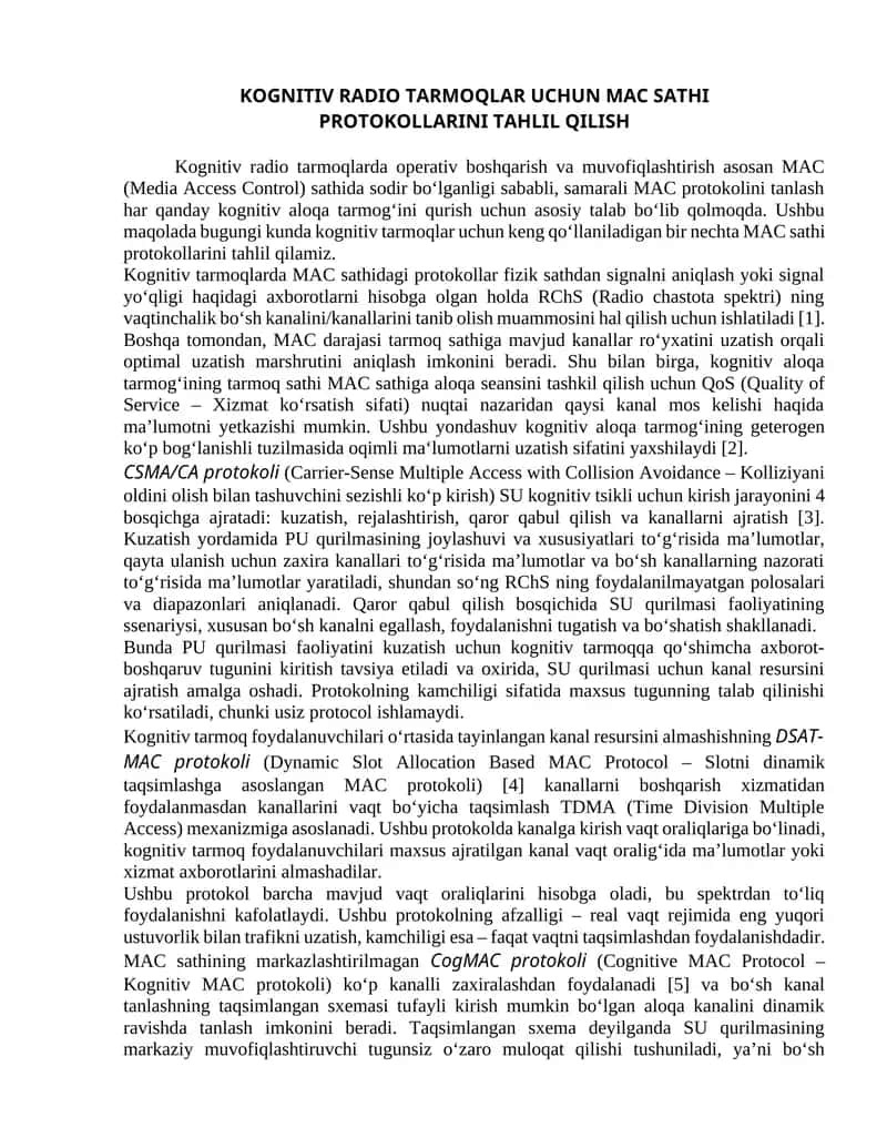 Kognitiv radio tarmoqlar uchun mac sathi protokollarini tahlil qilish 1