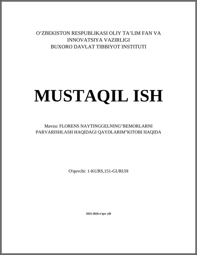 FLORENS NAYTINGGELNING "BEMORLARNI PARVARISHLASH HAQIDAGI QAYDLARIM" KITOBI 1