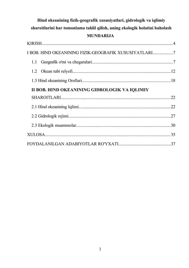 Hind okeanining fizik-geografik xususiyatlari, gidrologik va iqlimiy sharoitlari 1