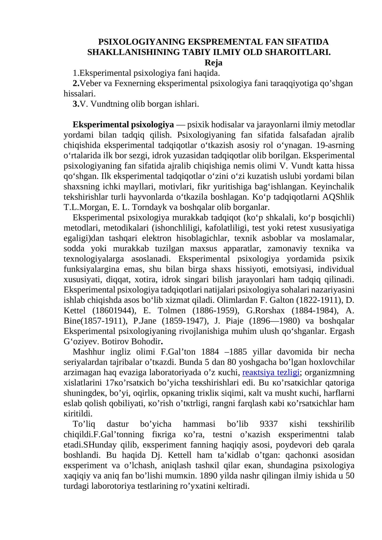 Psixologiyada eksperimental fan sifatida shakllanishi 1