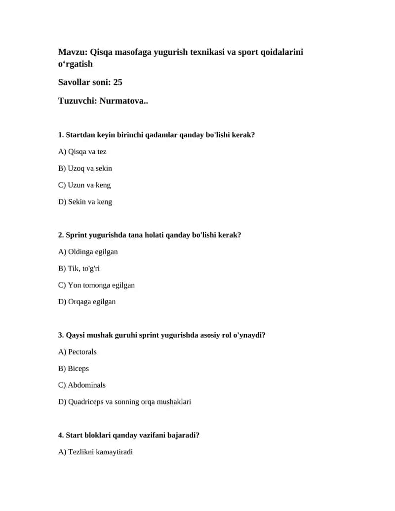 Qisqa masofaga yugurish texnikasi va sport qoidalarini oʻrgatish 1