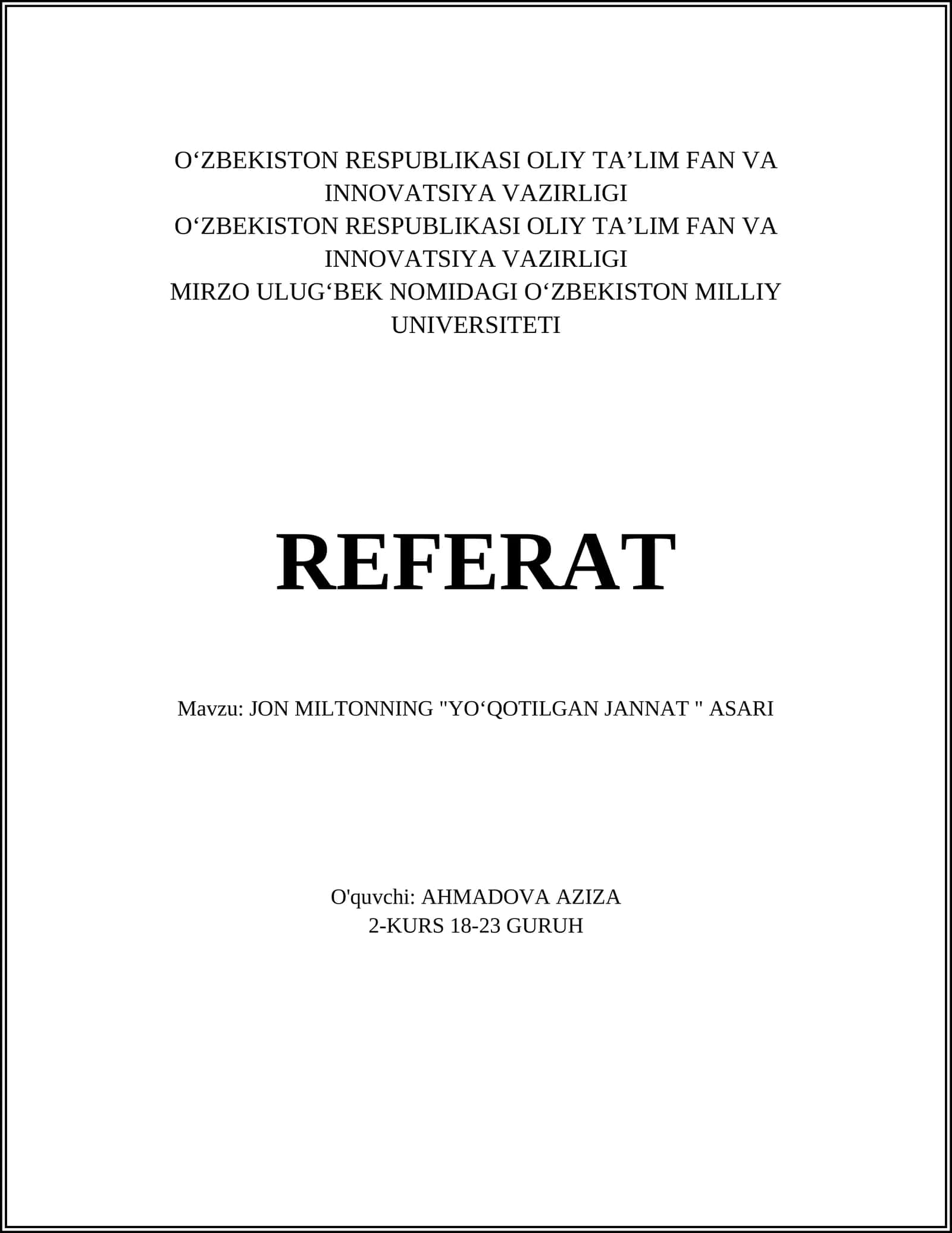 JON MILTONNING "YOʻQOTILGAN JANNAT " ASARI 1