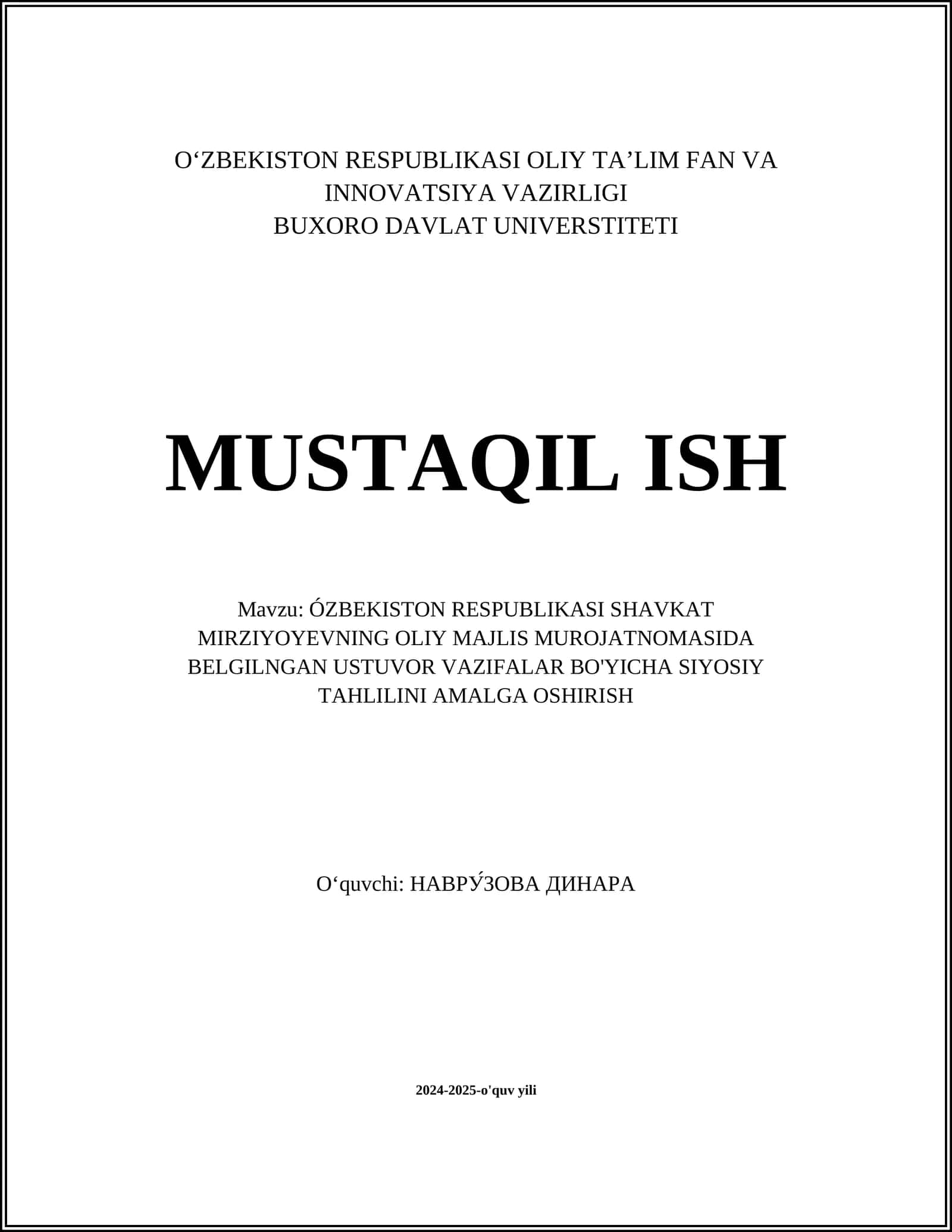 ÓZBEKISTON RESPUBLIKASI SHAVKAT MIRZIYOYEVNING OLIY MAJLIS MUROJATNOMASIDA BELGILNGAN USTUVOR VAZIFALAR BO'YICHA SIYOSIY TAHLILINI AMALGA OSHIRISH 1