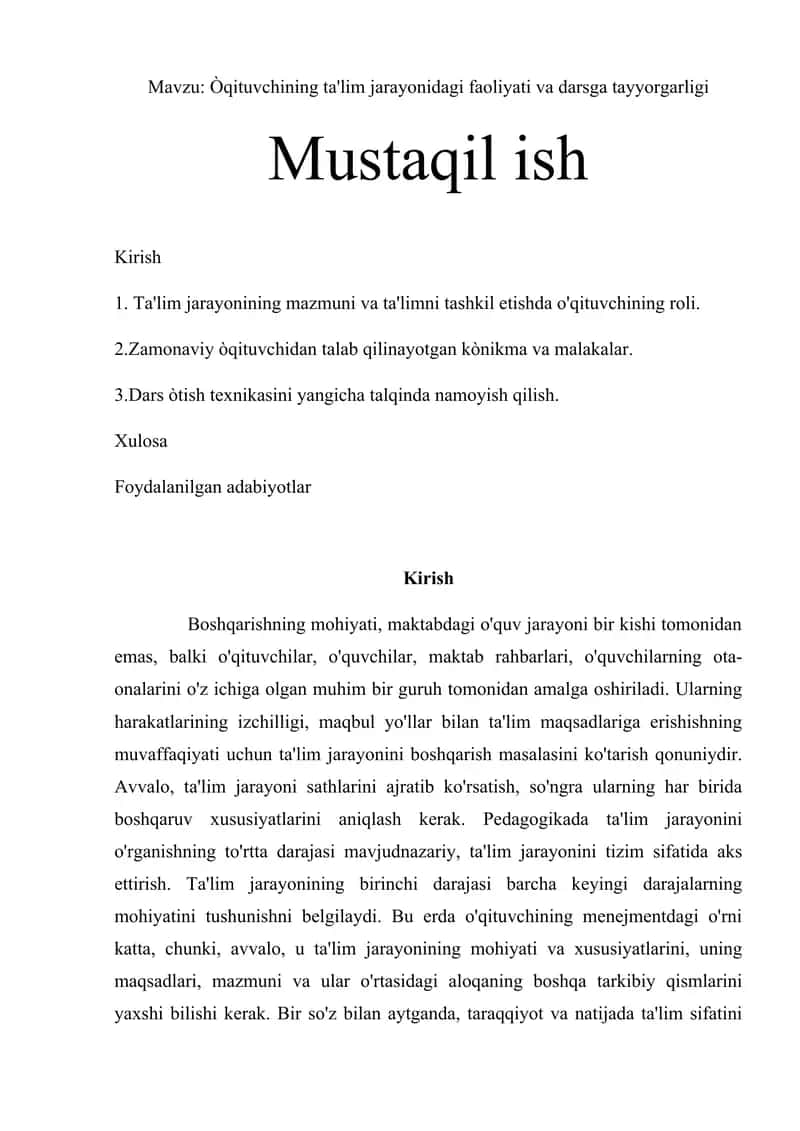 Òqituvchining ta'lim jarayonidagi faoliyati va darsga tayyorgarligi 1