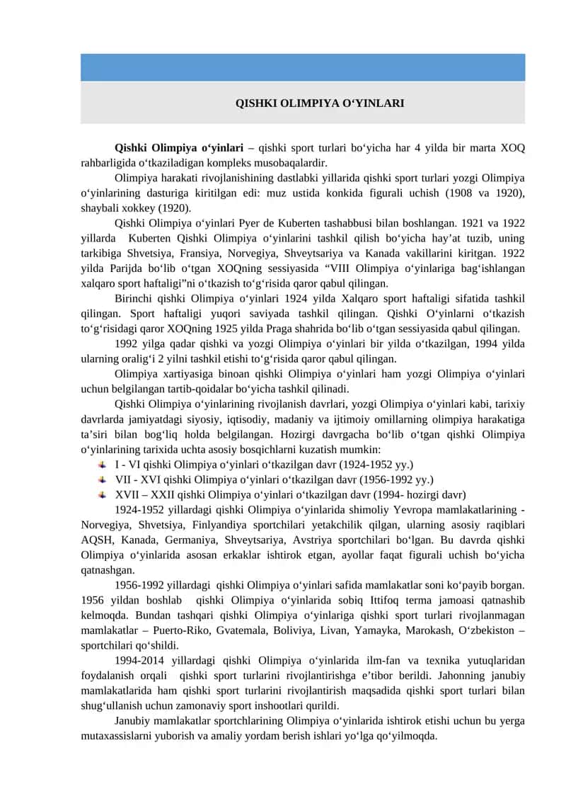 QISHKI OLIMPIYA O‘YINLARI 1