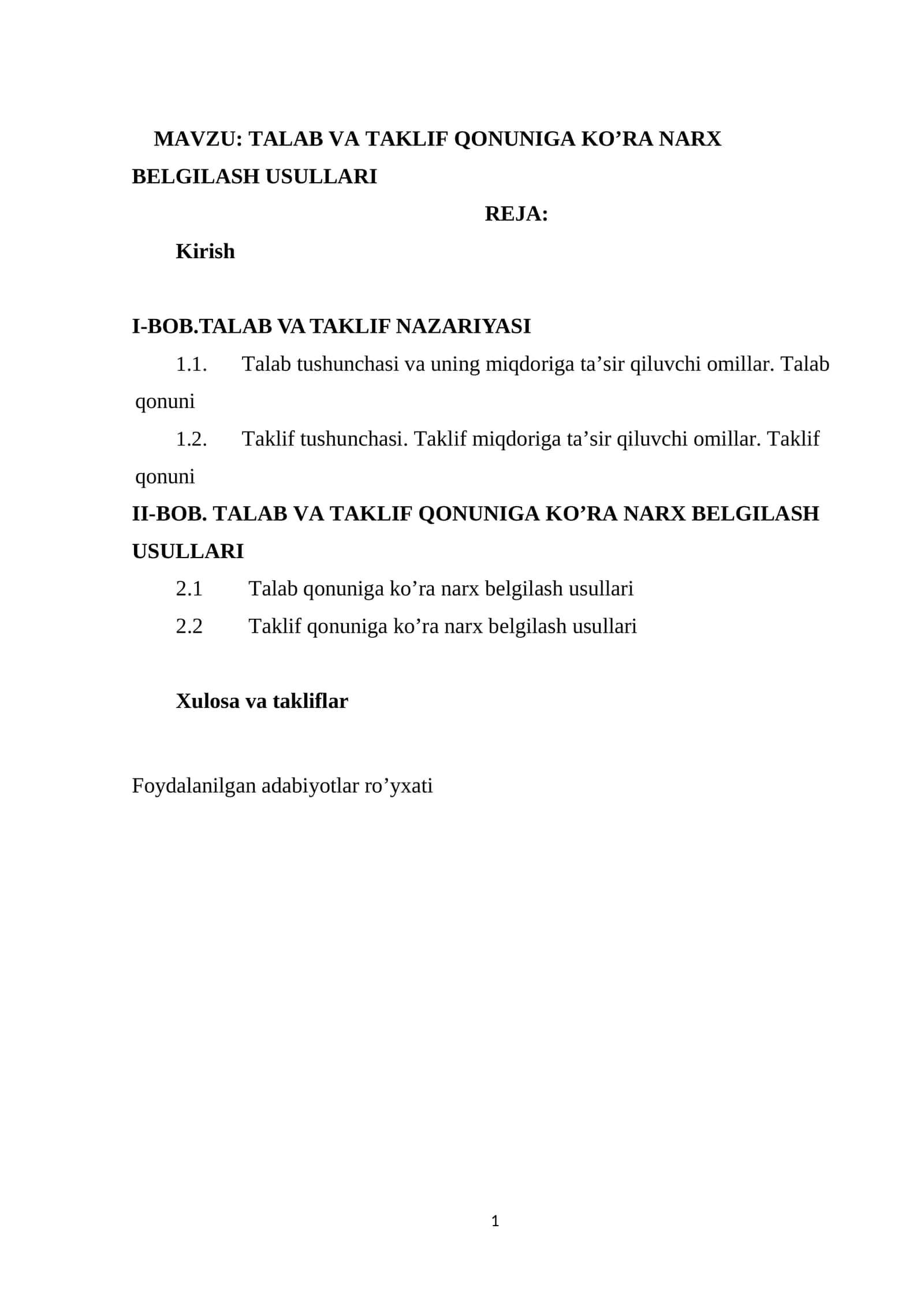 TALAB VA TAKLIF QONUNIGA KO’RA NARX BELGILASH USULLARI 1