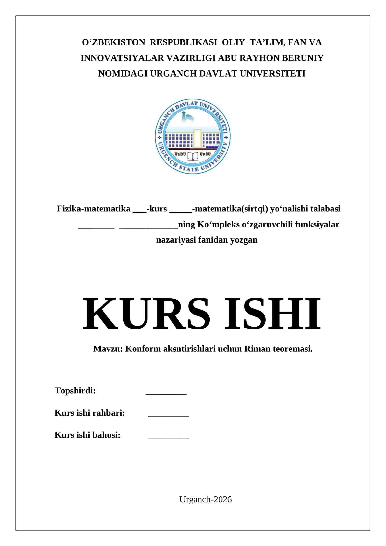 Konform aksntirishlari uchun Riman teoremasi. 1