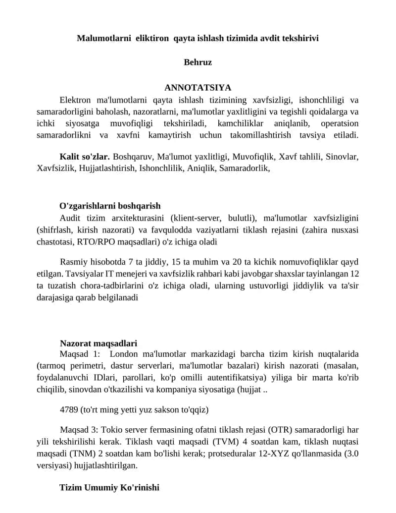 Malumotlarni eliktiron qayta ishlash tizimida avdit tekshirivi 1