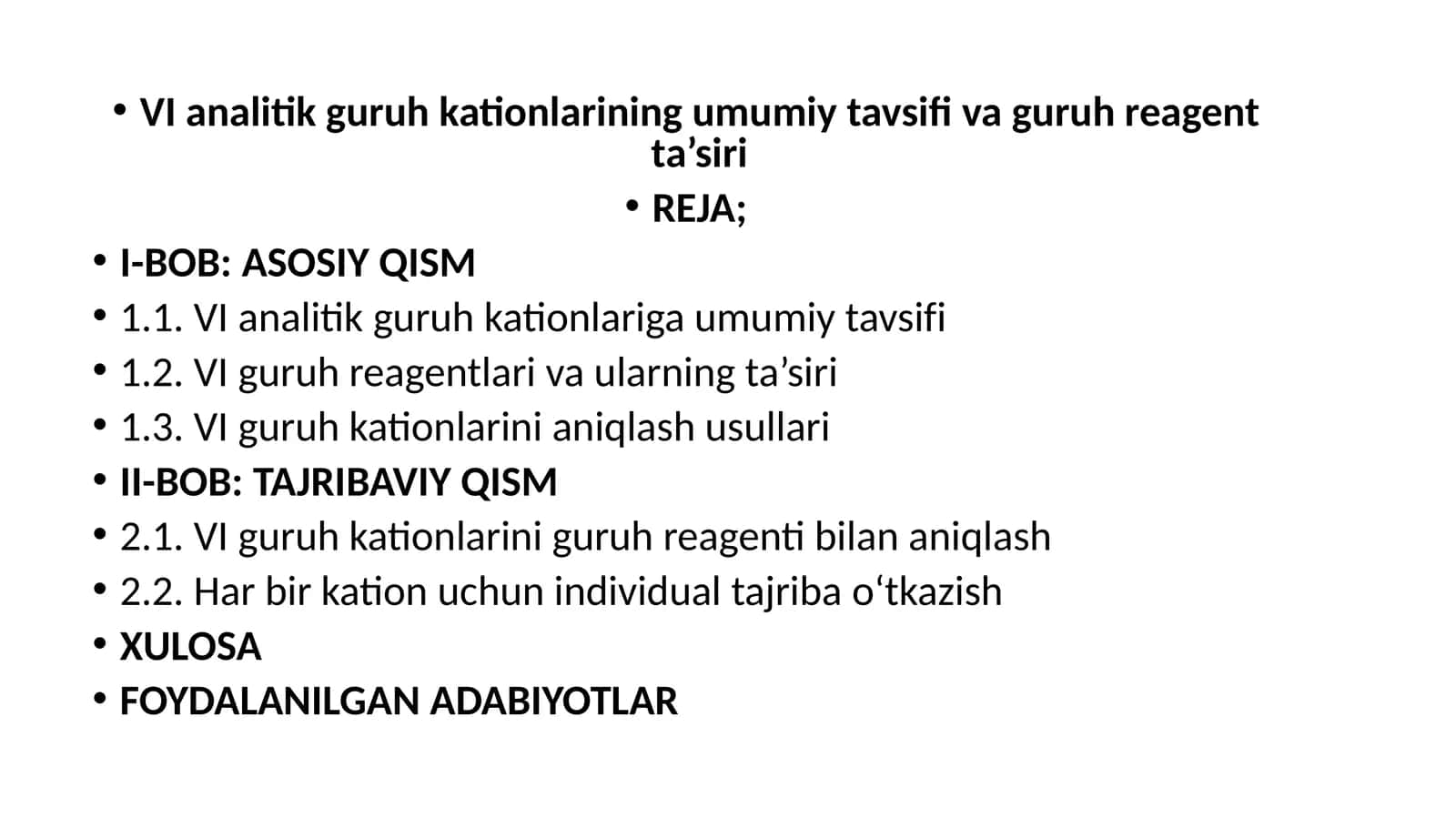 VIanalitikguruhkationlariningumumiytavsifivaguruhreagentta’siri 1