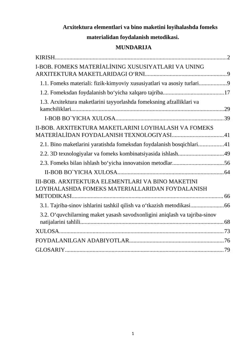 ARXITEKTURA ELEMENTLARI VA BINO MAKETINI LOYIHALASHDA FOMEKS MATERIALLARIDAN FOYDALANISH METODIKASI 1