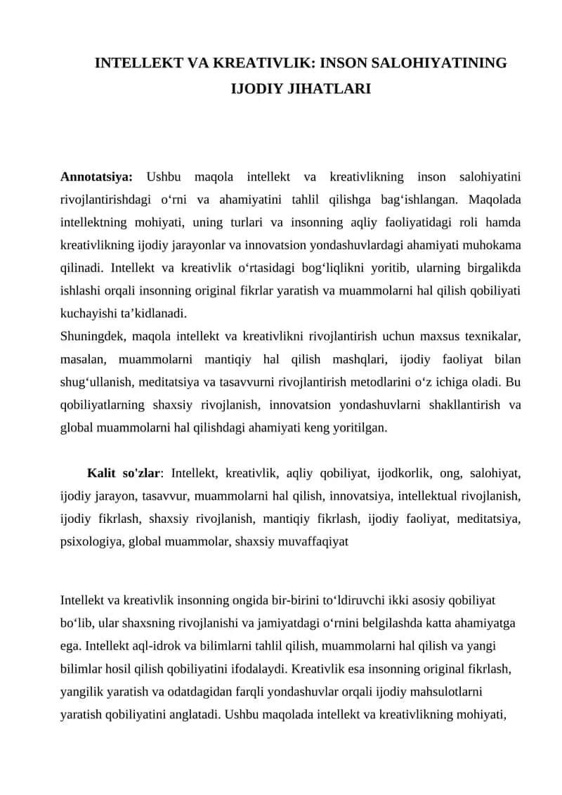 INTELLEKT VA KREATIVLIK: INSON SALOHIYATINING IJODIY JIHATLARI 1