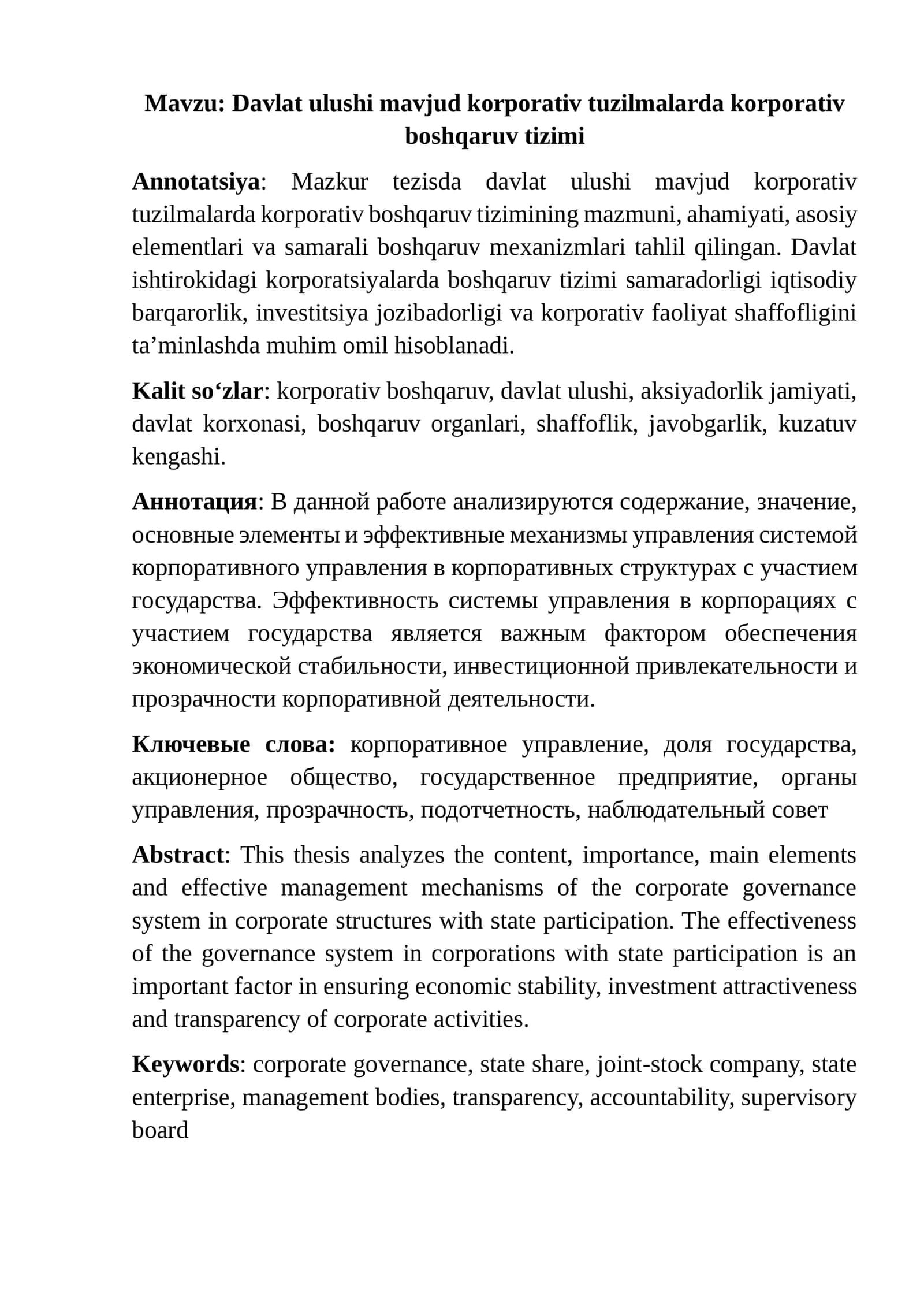 Davlat ulushi mavjud korporativ tuzilmalarda korporativ boshqaruv tizimi 1