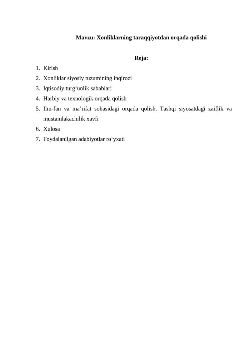 Xonliklarning taraqqiyotdan orqada qolishi 1