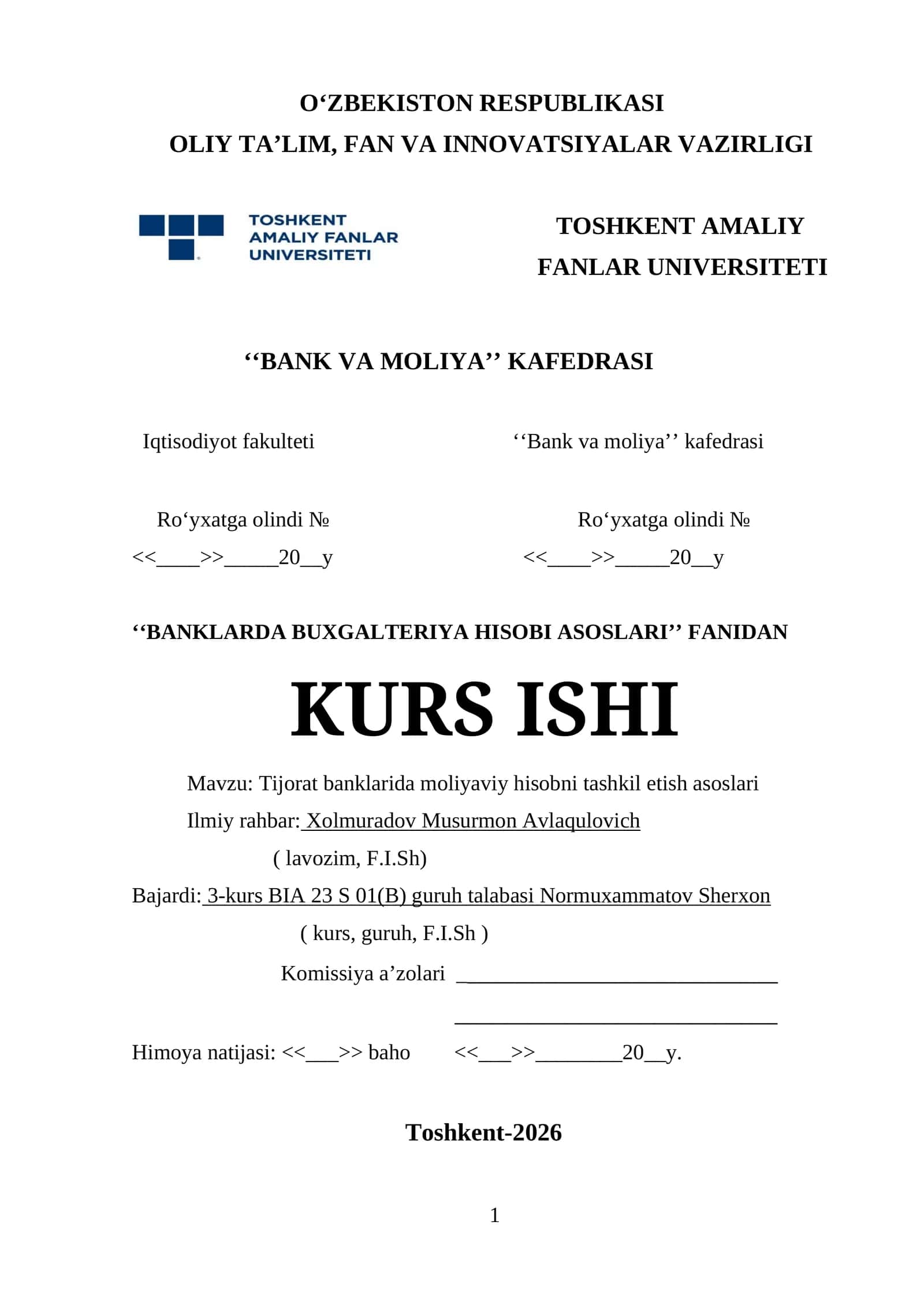 Tijorat banklarida moliyaviy hisobni tashkil etish asoslari 1