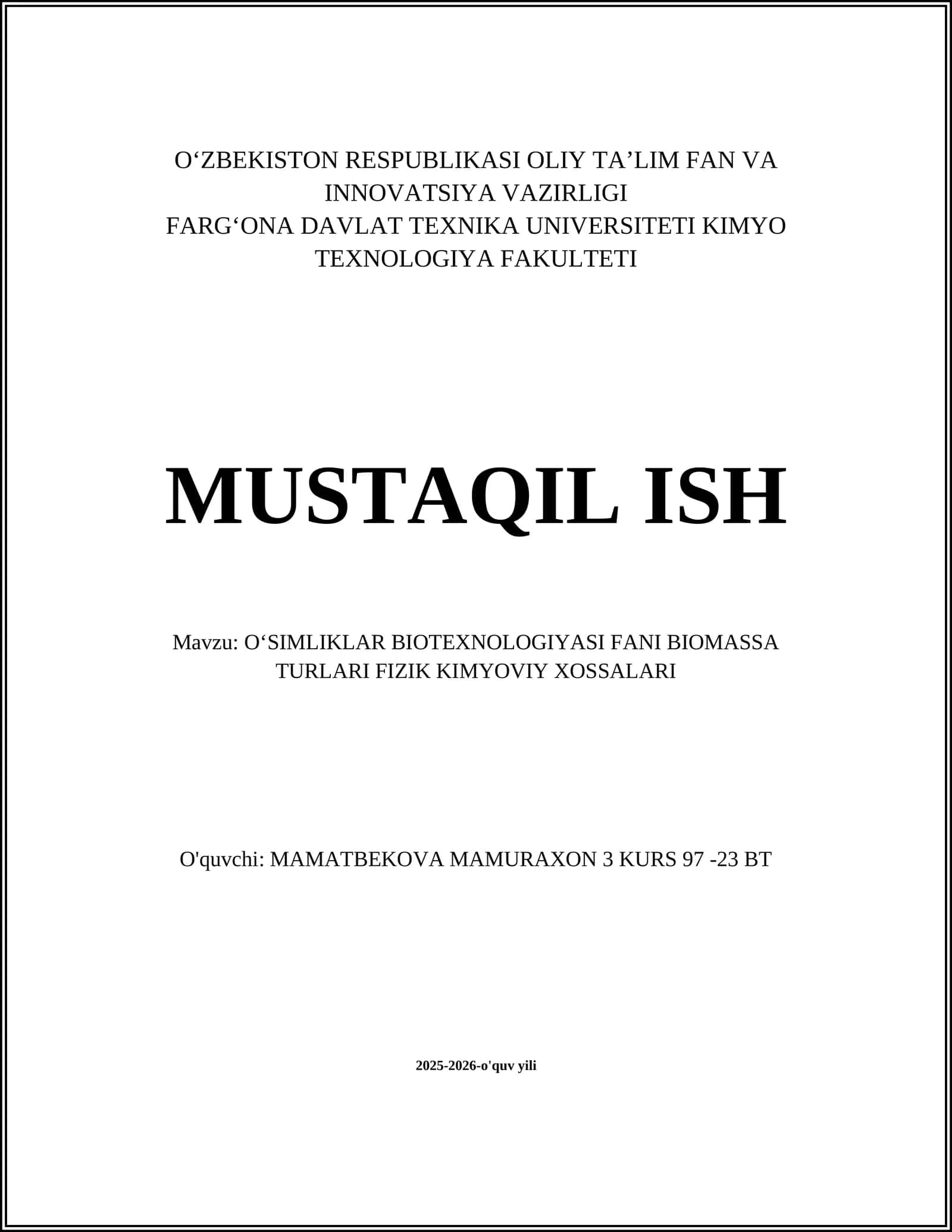 OʻSIMLIKLAR BIOTEXNOLOGIYASI FANI BIOMASSA TURLARI FIZIK KIMYOVIY XOSSALARI 1
