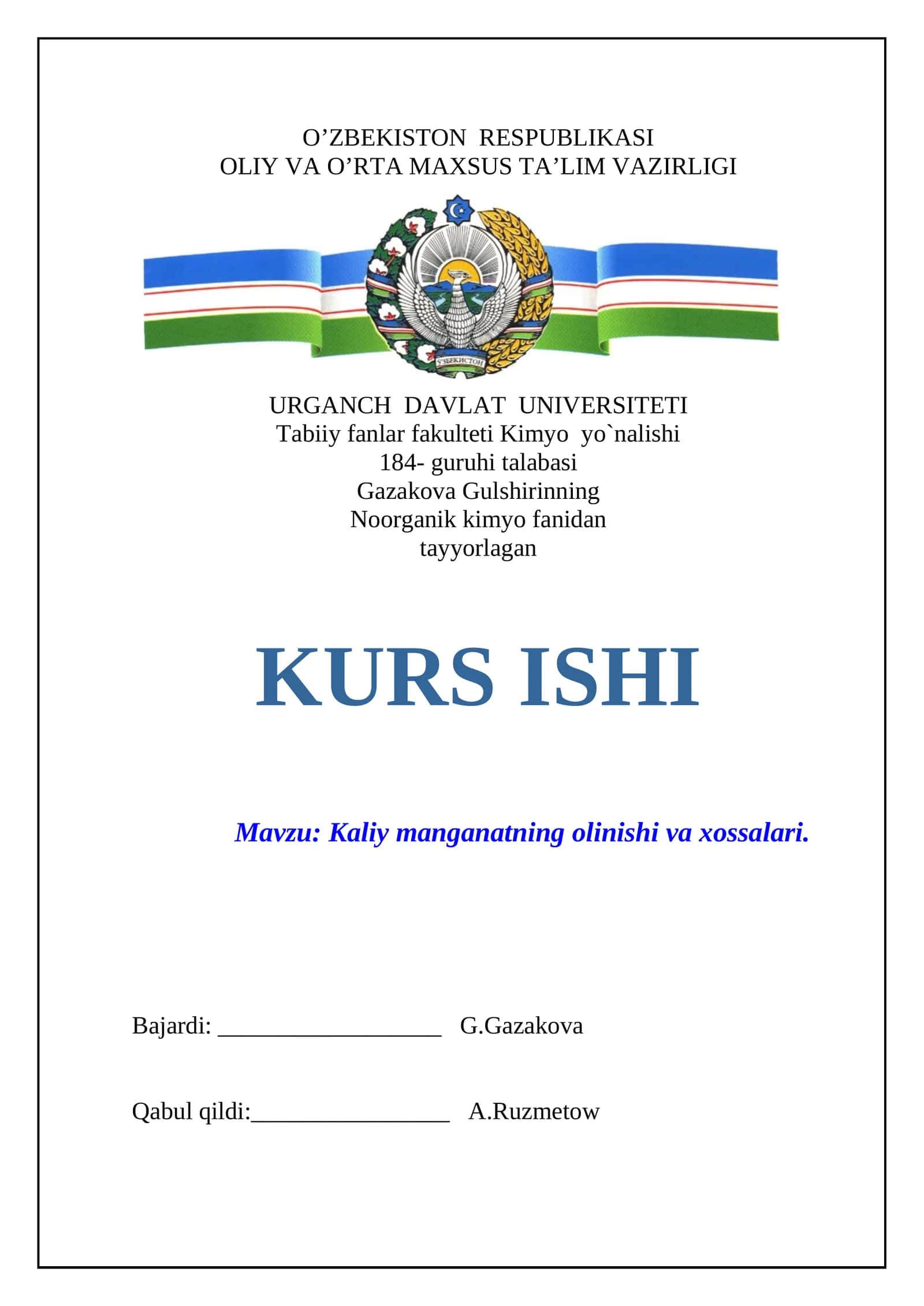 Kaliy manganatning olinishi va xossalari 1