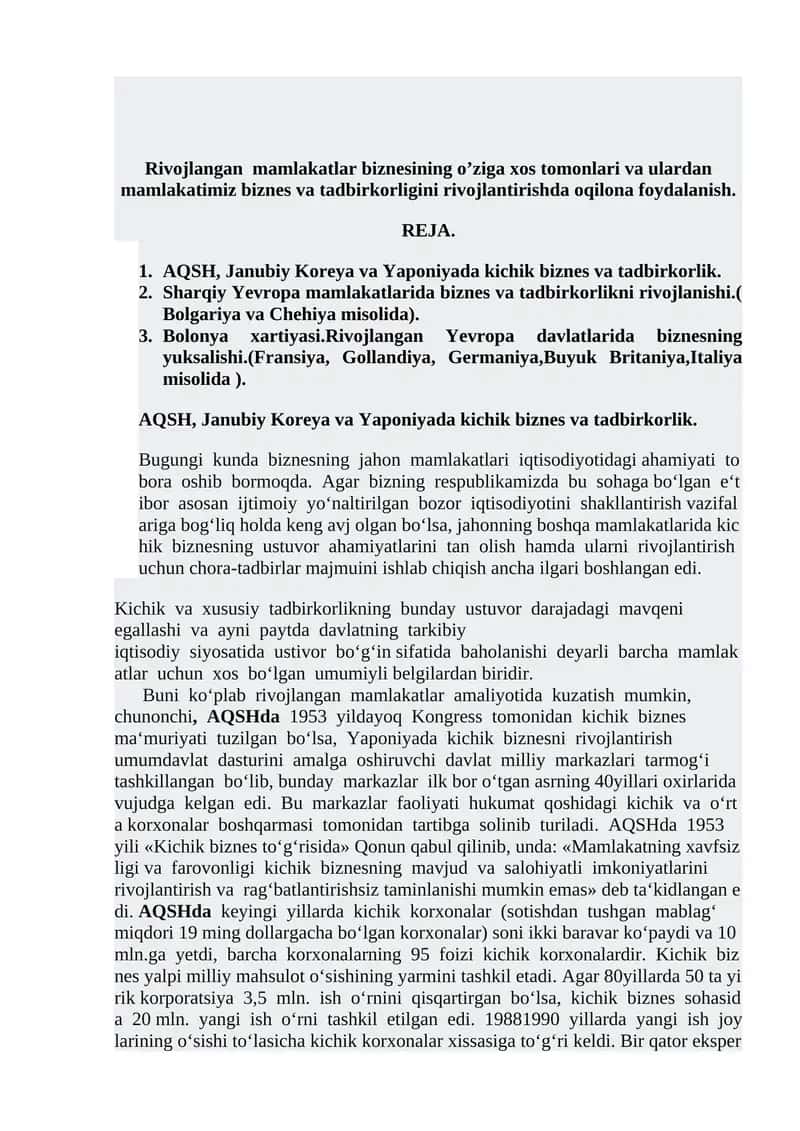 Rivojlangan mamlakatlar biznesining o’ziga xos tomonlari va ulardan mamlakatimiz biznes va tadbirkorligini rivojlantirishda oqilona foydalanish 1