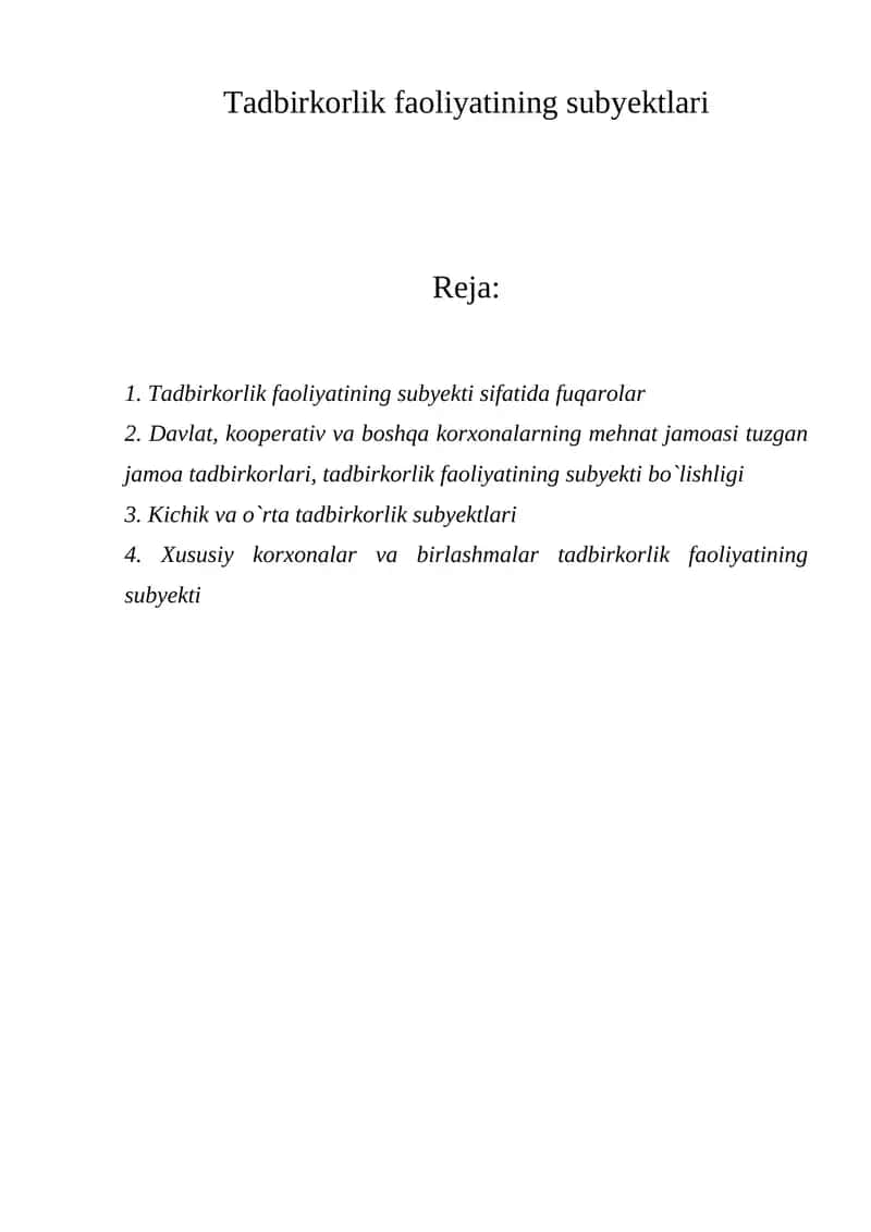 Tadbirkorlik faoliyatining subyektlari 1