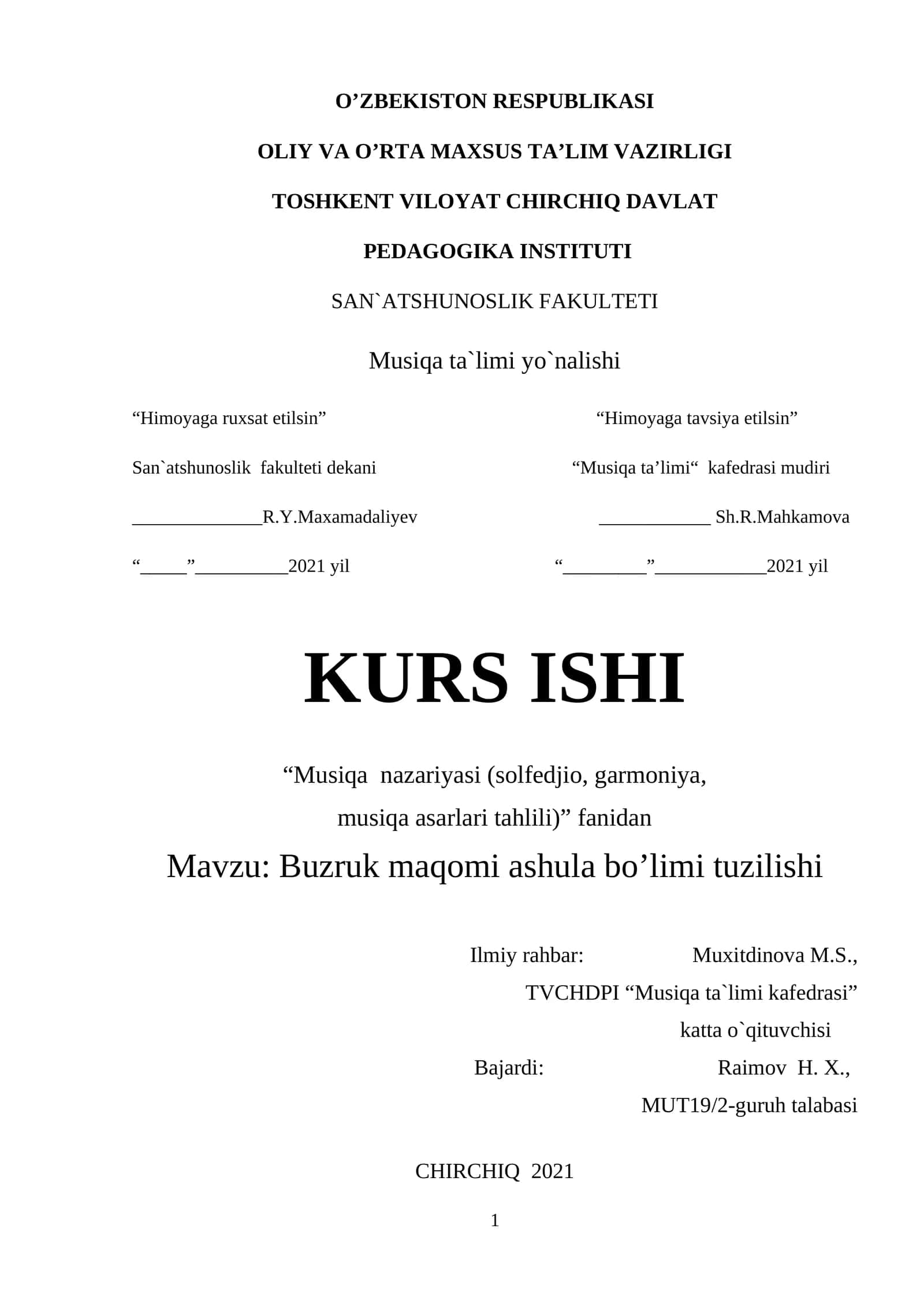 Musiqa nazariyasi (solfedjio, garmoniya, musiqa asarlari tahlili) 1