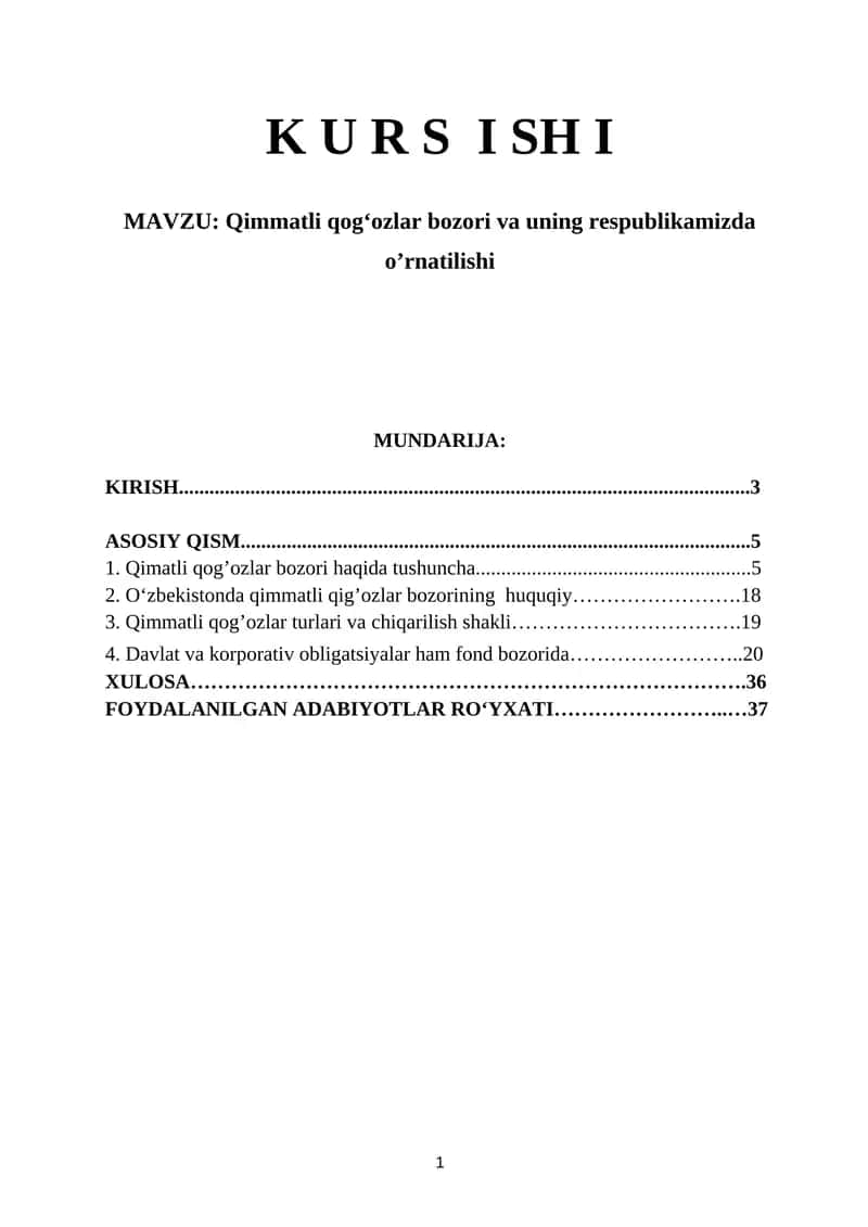 Qimmatli qog‘ozlar bozori va uning respublikamizda o’rnatilishi 1