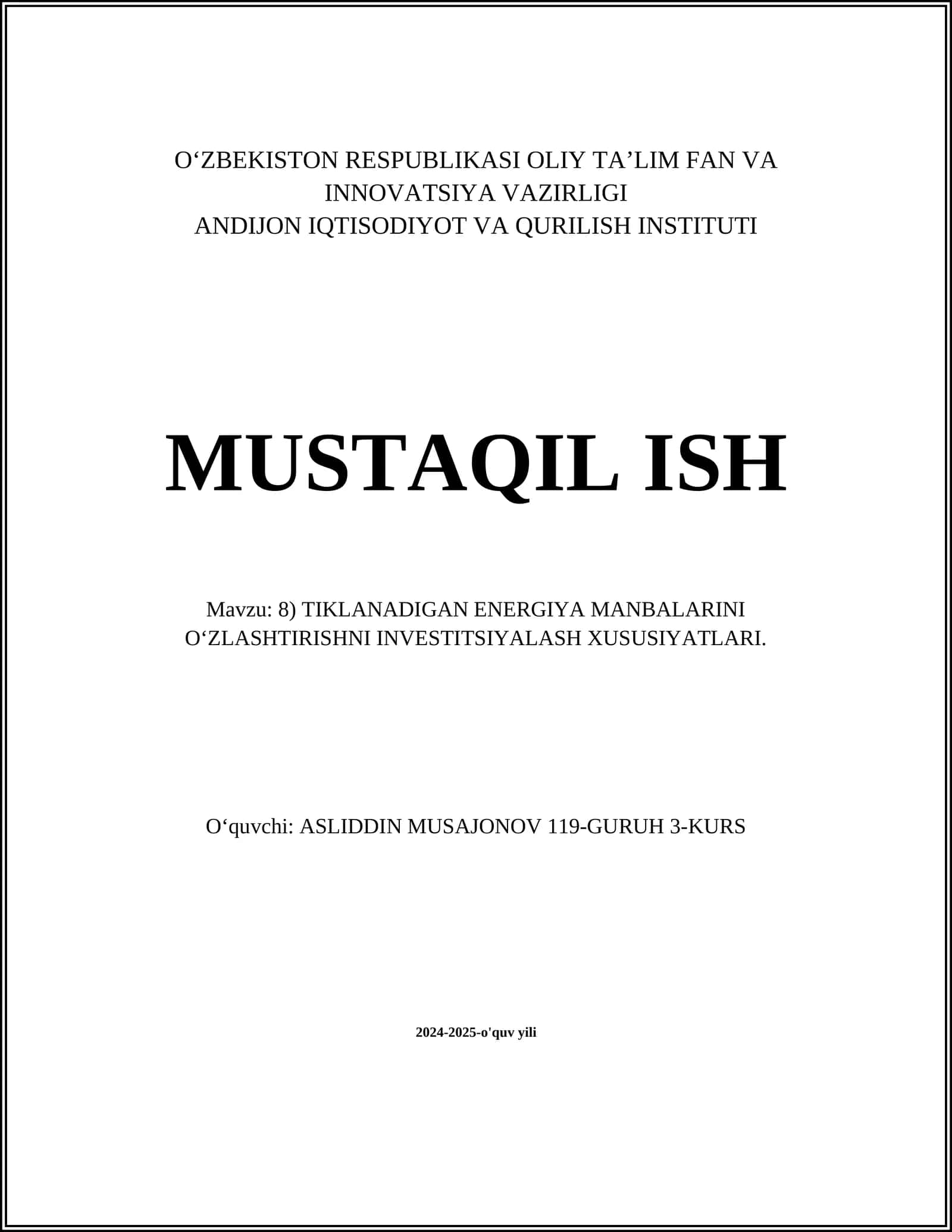TIKLANADIGAN ENERGIYA MANBALARINI O‘ZLASHTIRISHNI INVESTITSIYALASH XUSUSIYATLARI 1